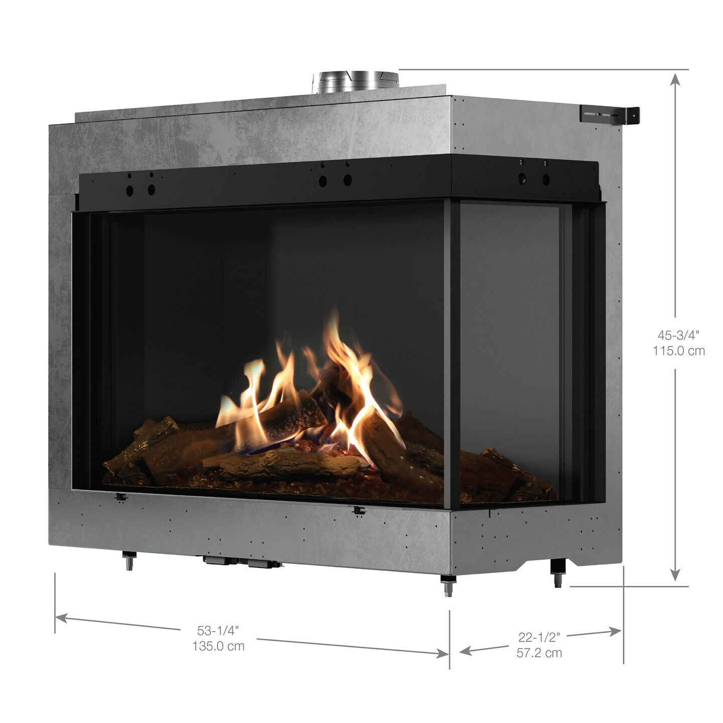 Two-sided built-in gas fireplace with black glass panels and glowing flames, gray metal frame.