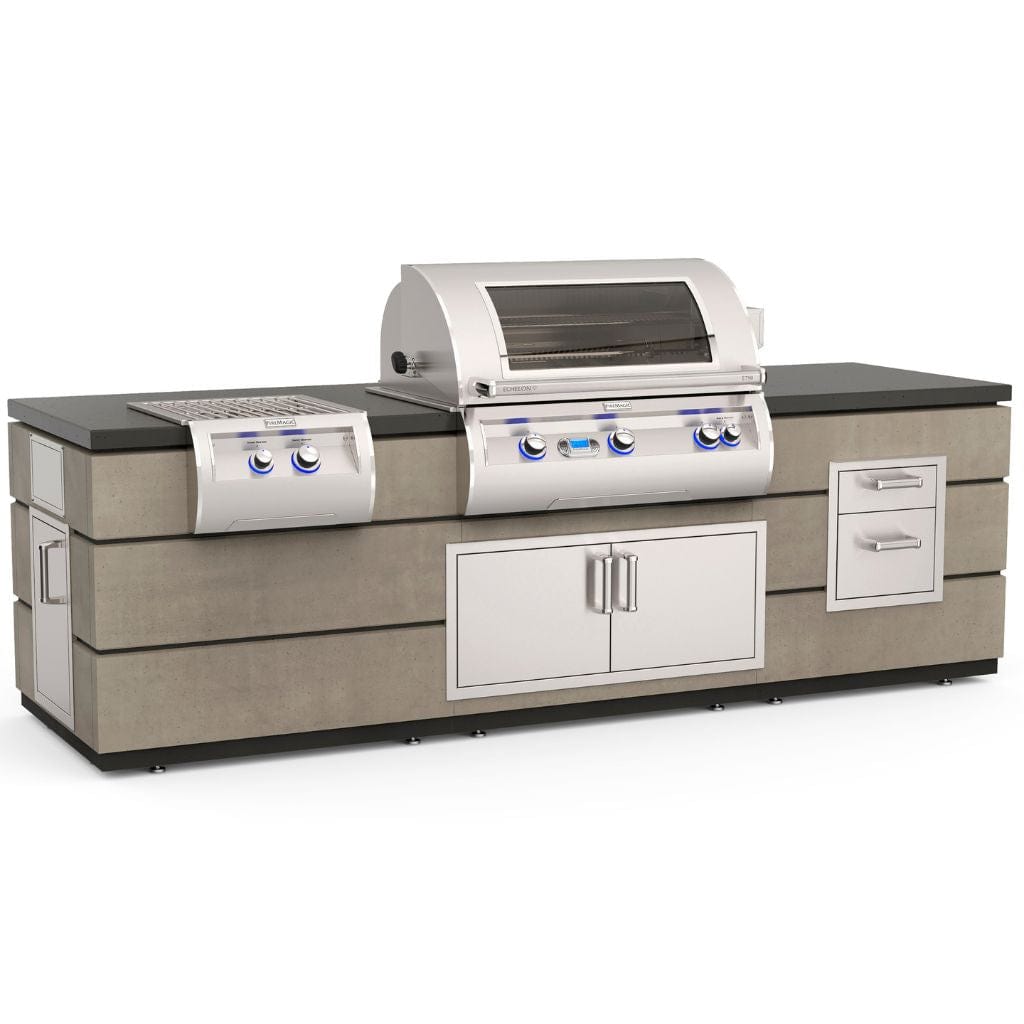 Outdoor gas grill island with double drawers, side shelves, and control knobs