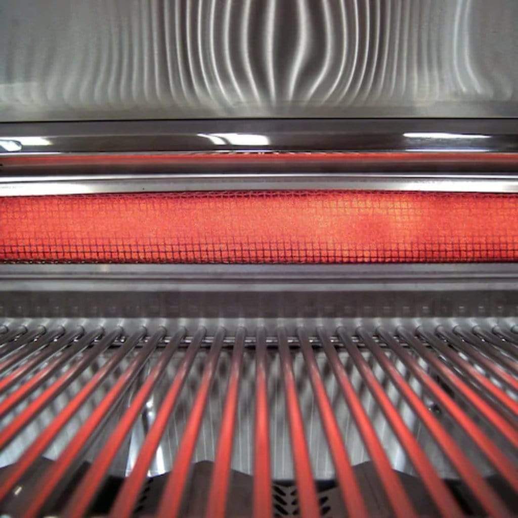 Infrared heater row with glowing red-orange panels inside the grill