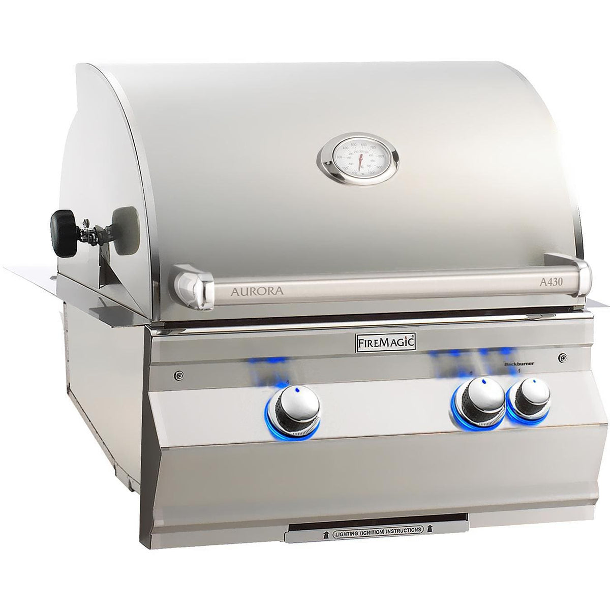 Stainless built-in gas grill with analog thermometer, control knobs, and front control panel