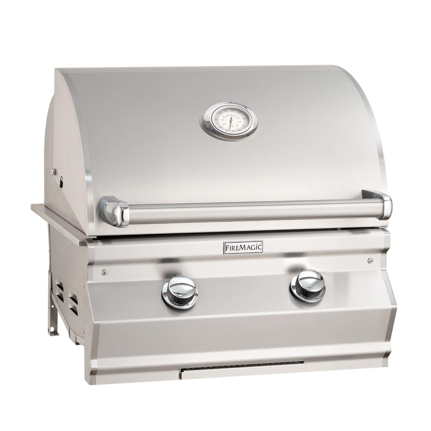 Stainless built-in gas grill with lid, analog thermometer, and knobs