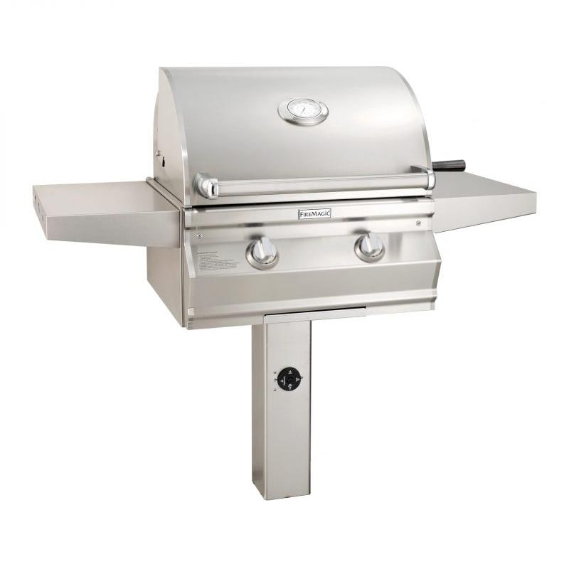 Stainless steel freestanding gas grill with analog thermometer and control knobs