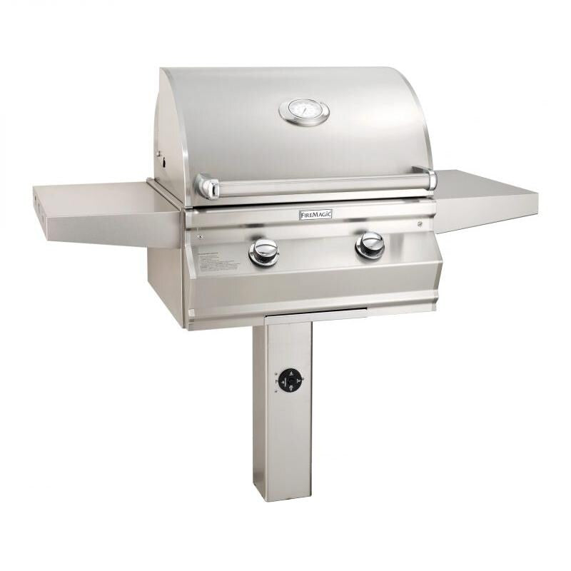 Stainless steel natural gas grill with analog thermometer on in-ground post
