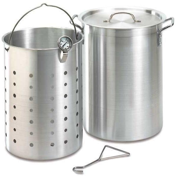 Aluminum turkey fryer pot with lid, thermometer, and perforated basket with handles