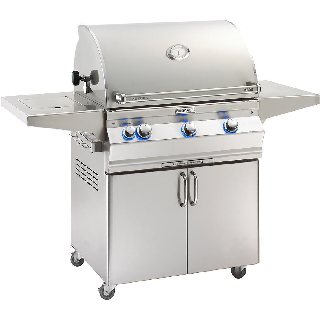 Propane gas grill with lid closed, blue-lit control knobs, and front storage doors