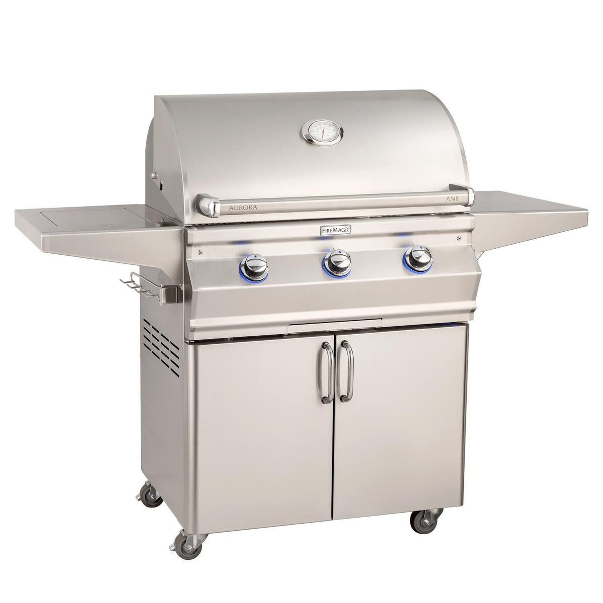 Fire Magic freestanding propane gas grill front with analog thermometer and storage doors