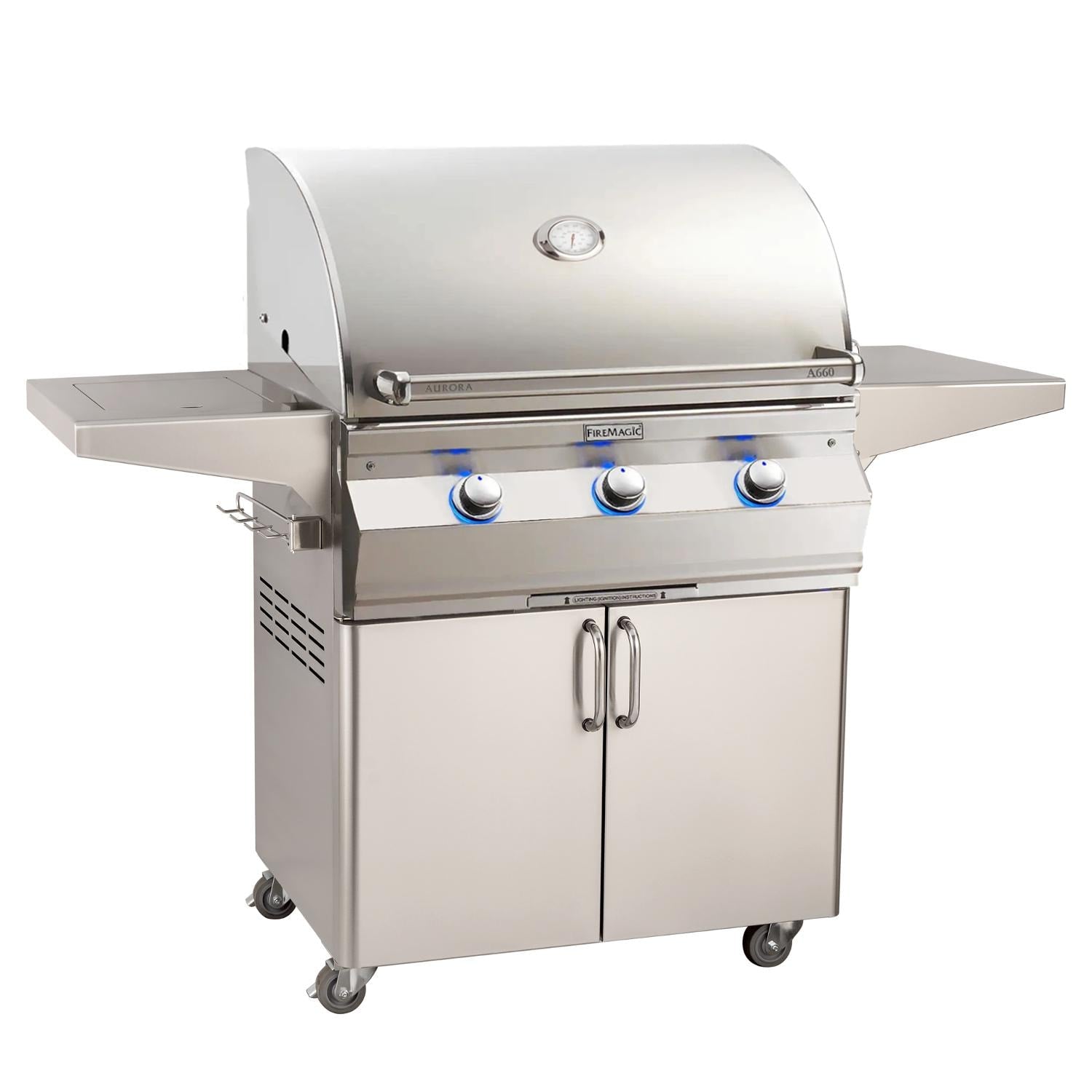 Stainless freestanding propane gas grill with side burner, side shelves, control knobs