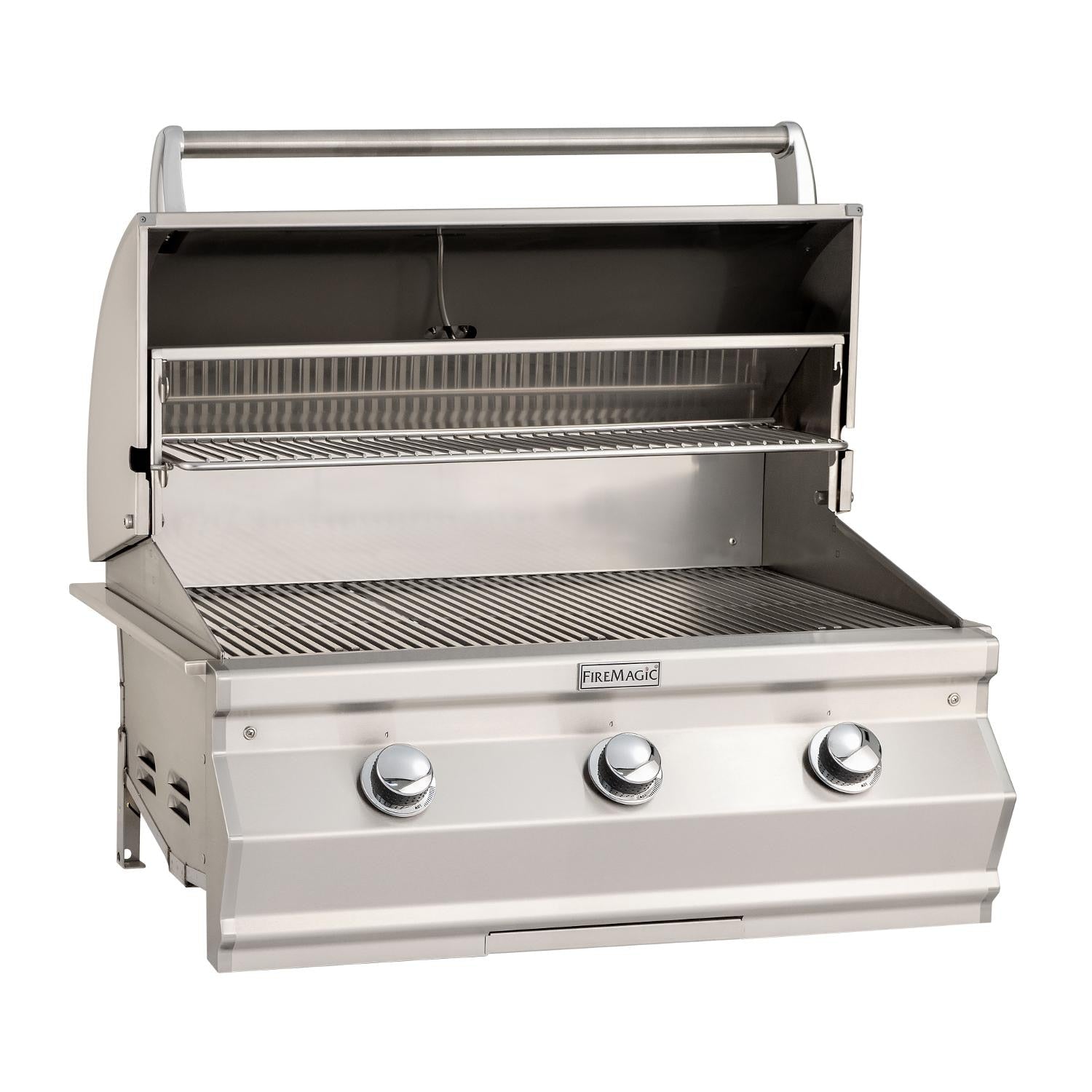 Built-in gas grill with open lid, stainless cooking grates, and front control knobs