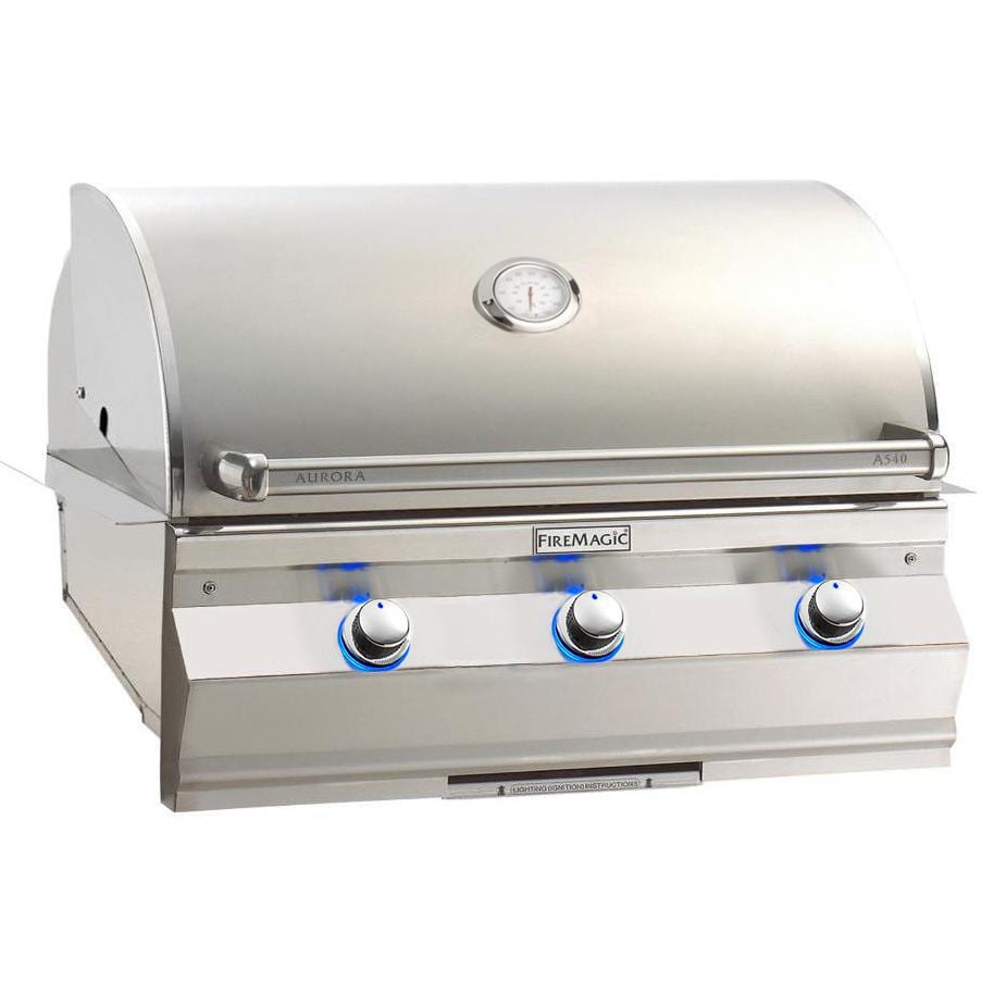 Stainless steel built-in propane gas grill with control knobs and thermometer