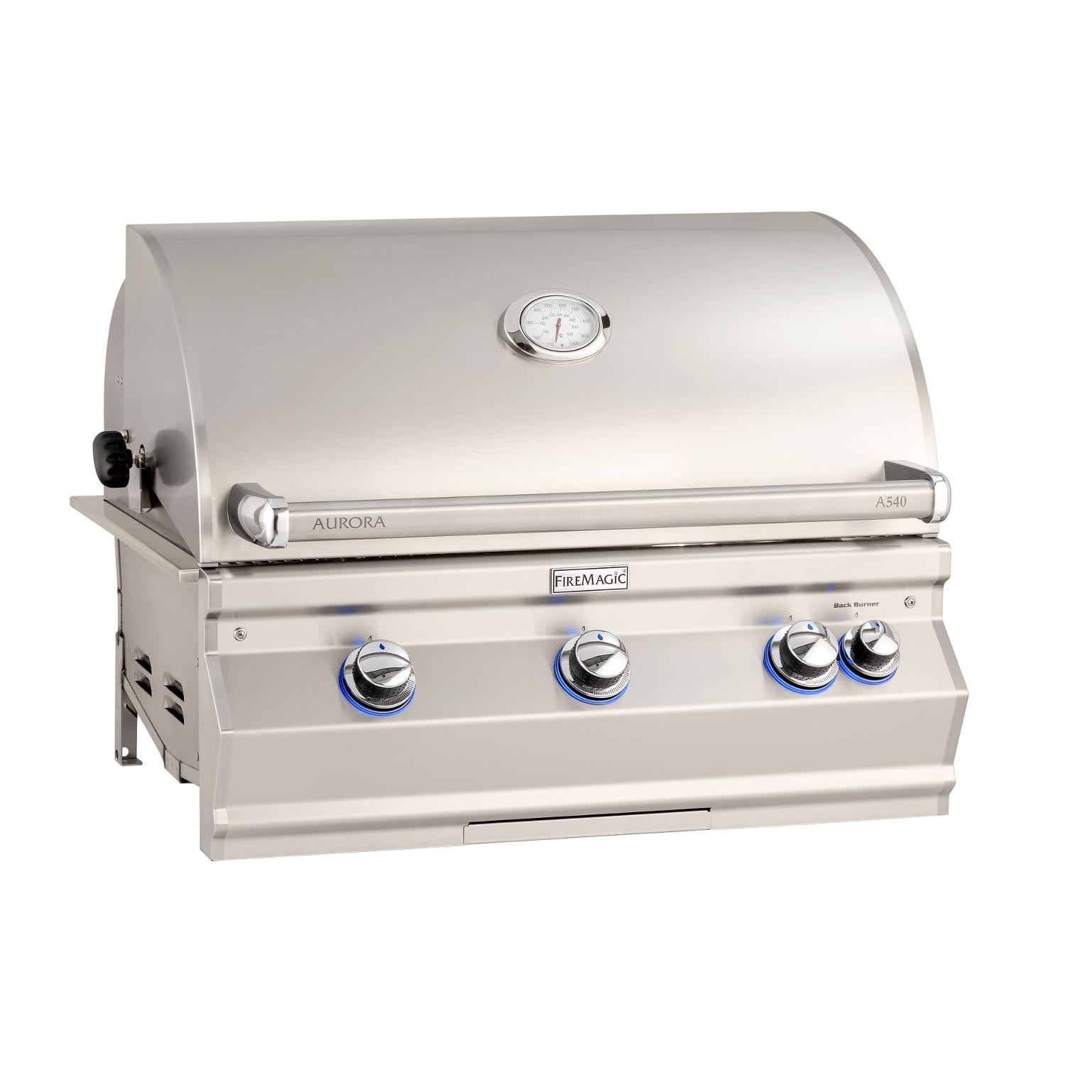 Stainless steel built-in gas grill with analog thermometer and control knobs