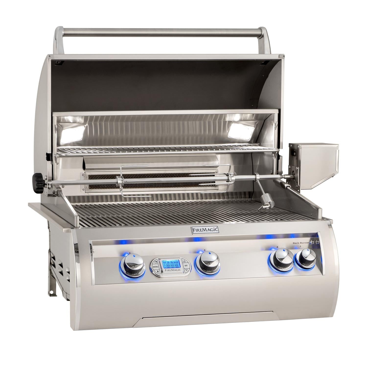 Stainless gas grill with open hood, front control knobs, and warming surface