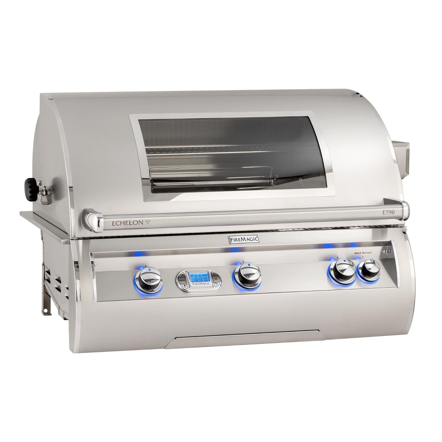 Stainless built-in natural gas grill with viewing window and control knobs
