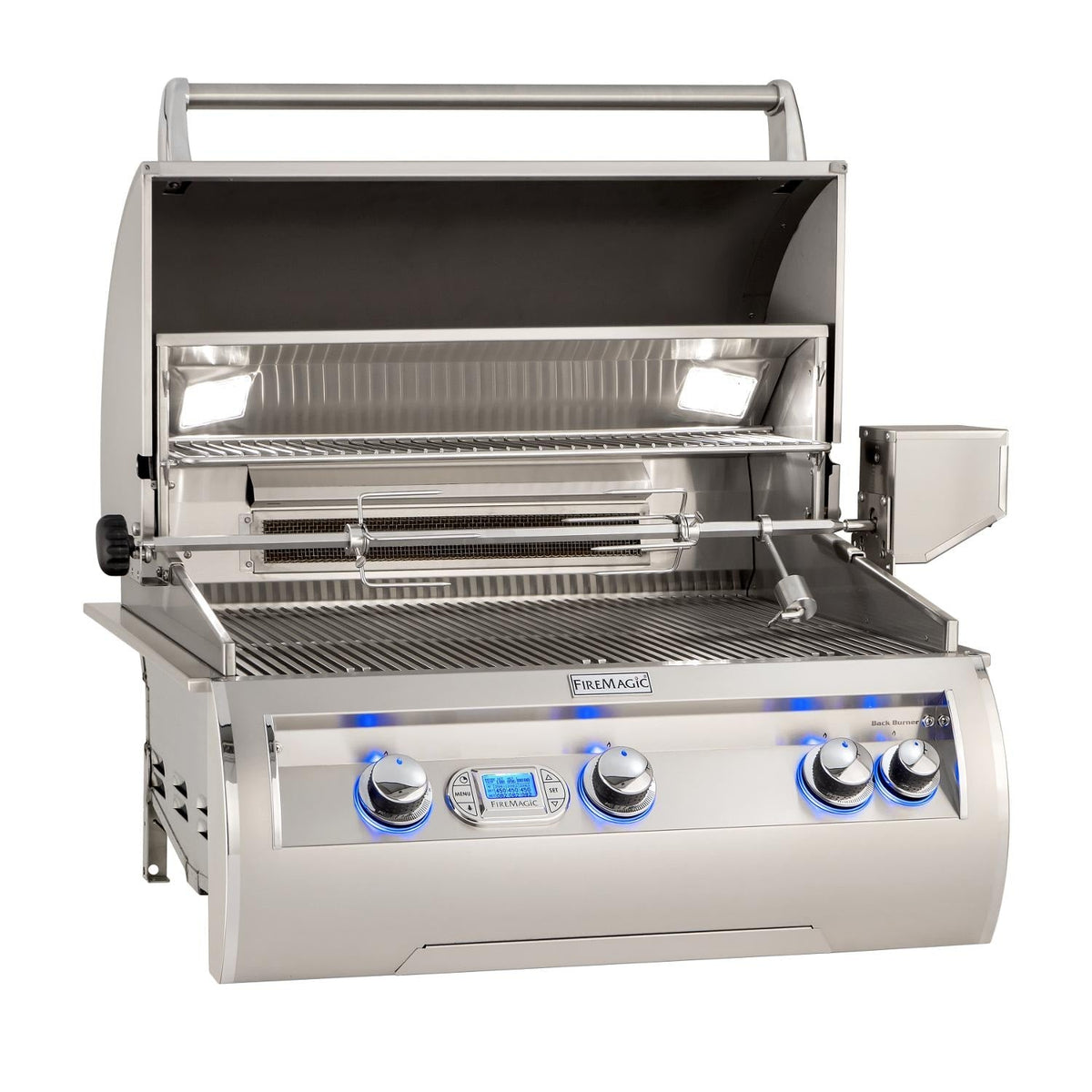 Built-in natural gas grill open with stainless grates and front control knobs