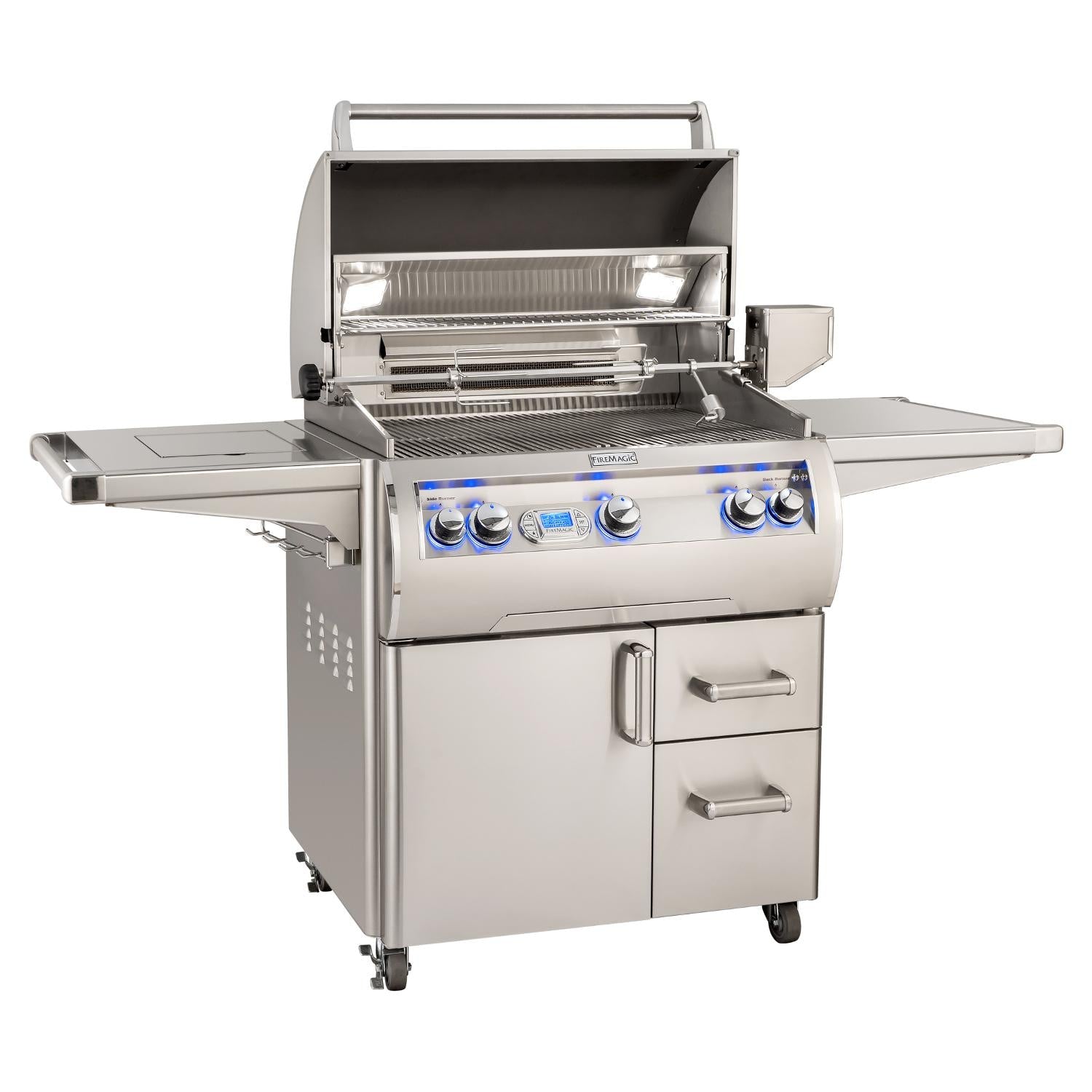 Freestanding stainless propane gas grill with open lid, warming rack, and front control knobs