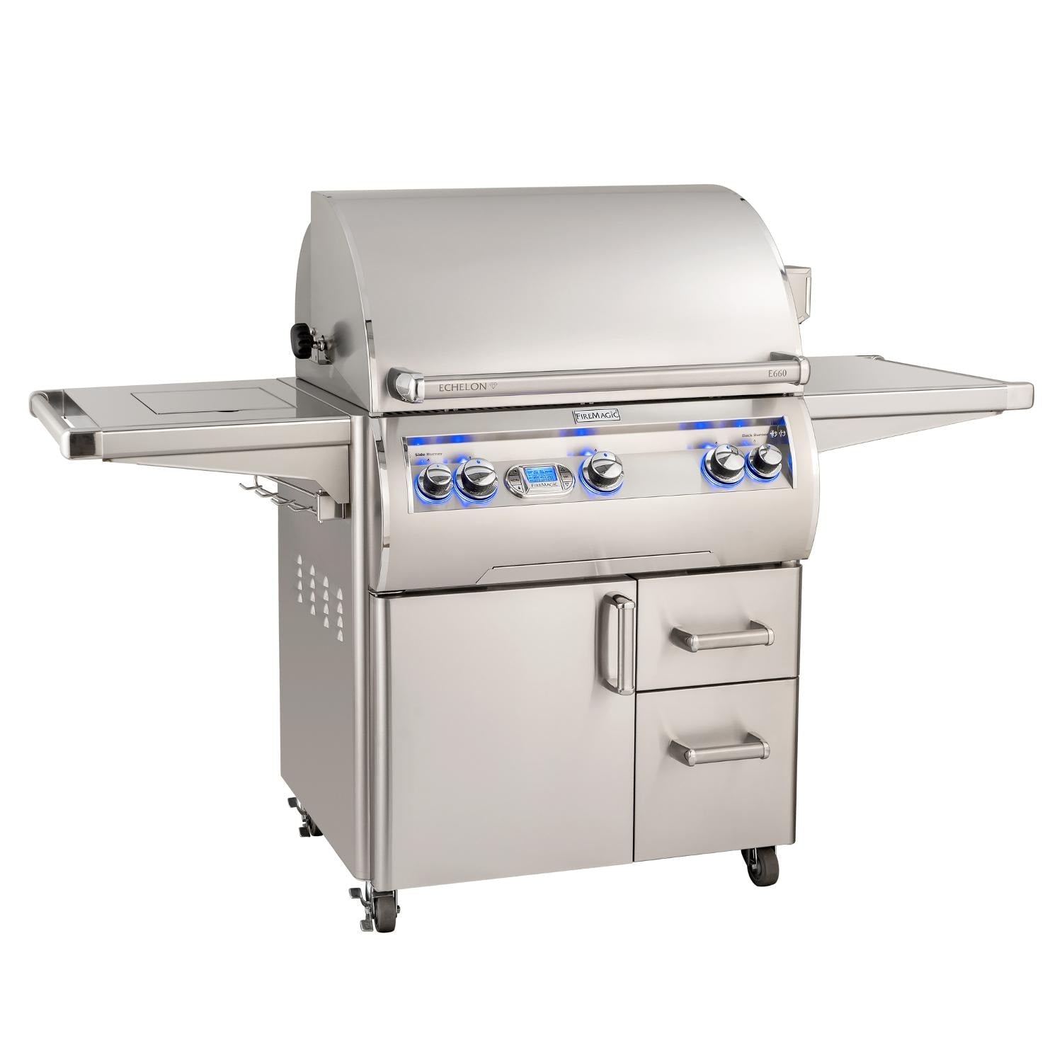 Stainless steel Fire Magic gas grill with side shelves, closed hood, and control knobs