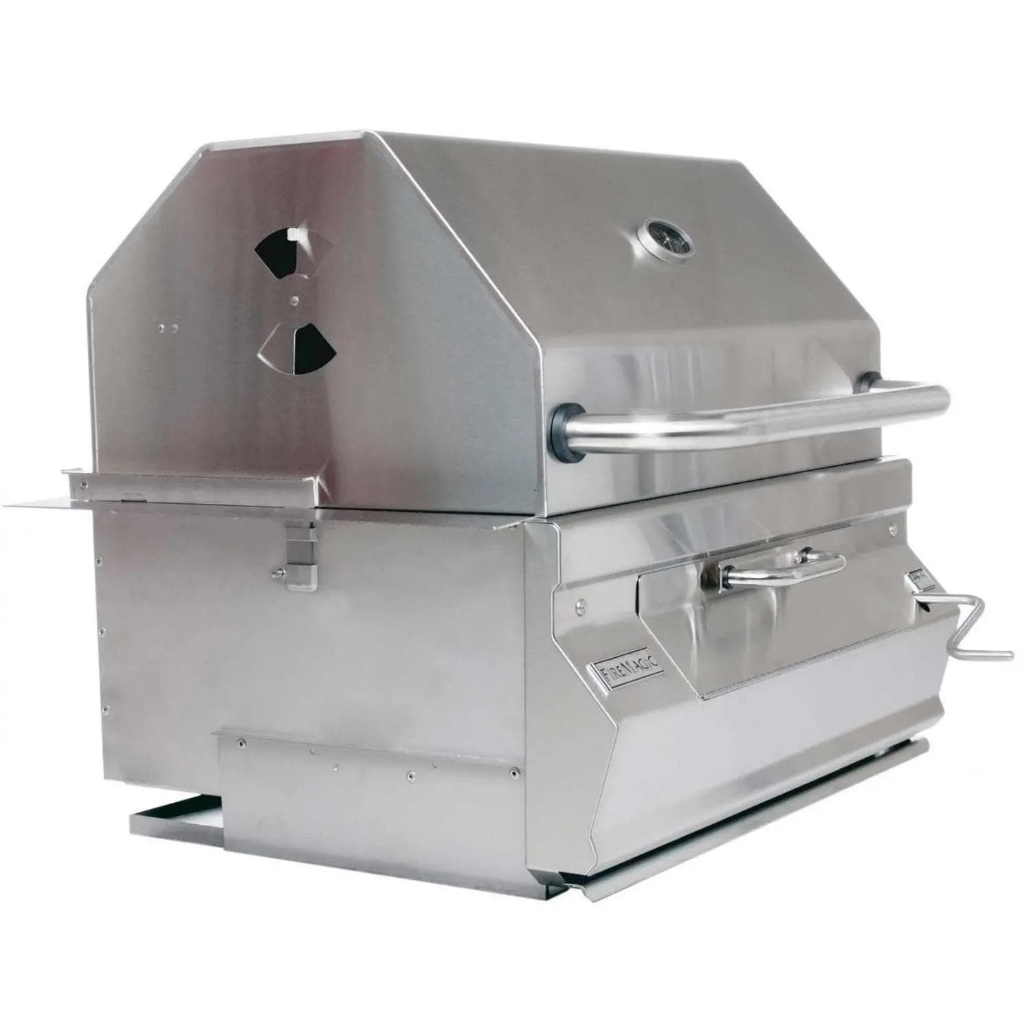 Stainless steel built-in charcoal smoker grill with side vent and front latch