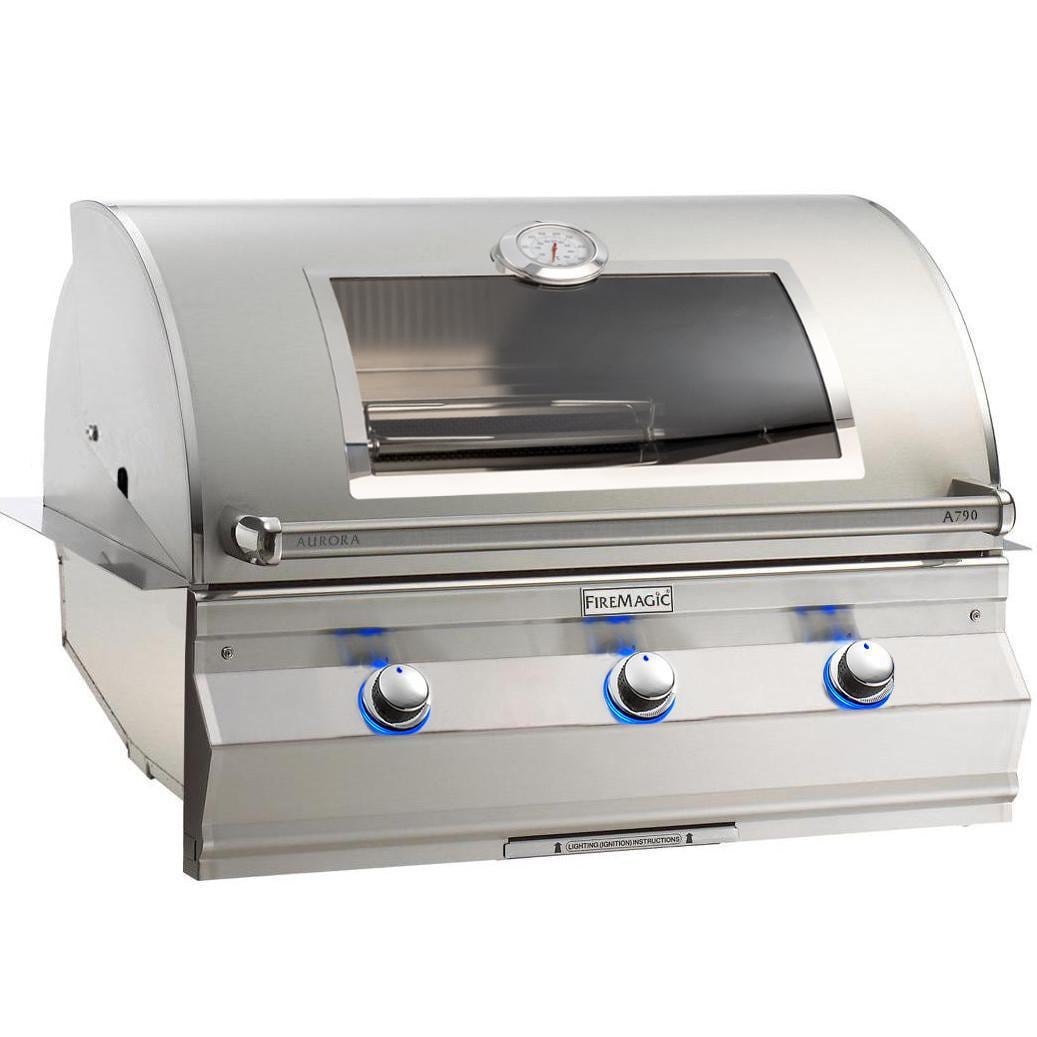 Built-in propane gas grill with viewing window, analog thermometer, and three burners