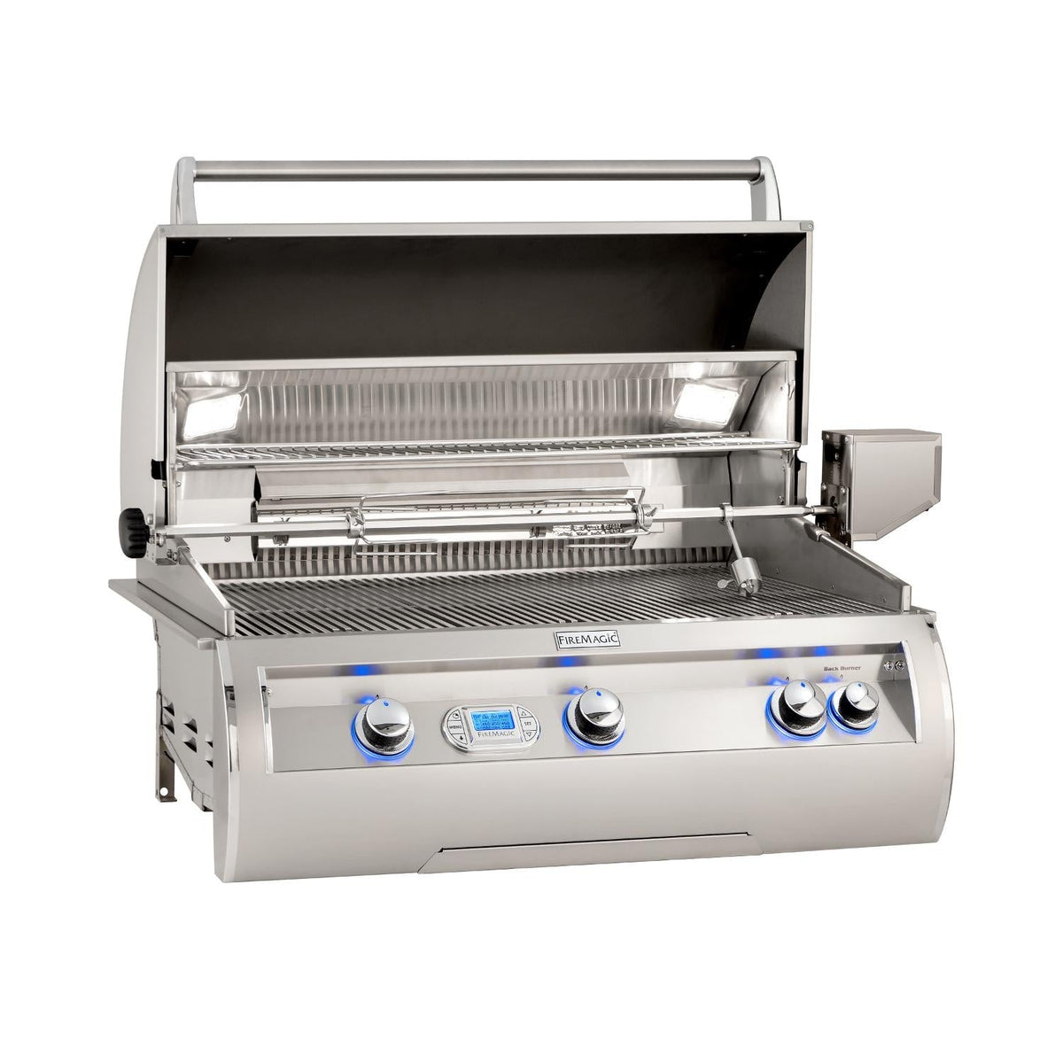 Built-in natural gas grill with side control knobs and open hood showing interior grates