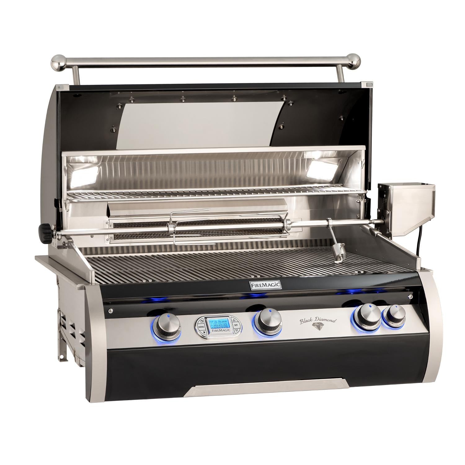 Stainless steel built-in natural gas grill with open hood, warming rack, and grates
