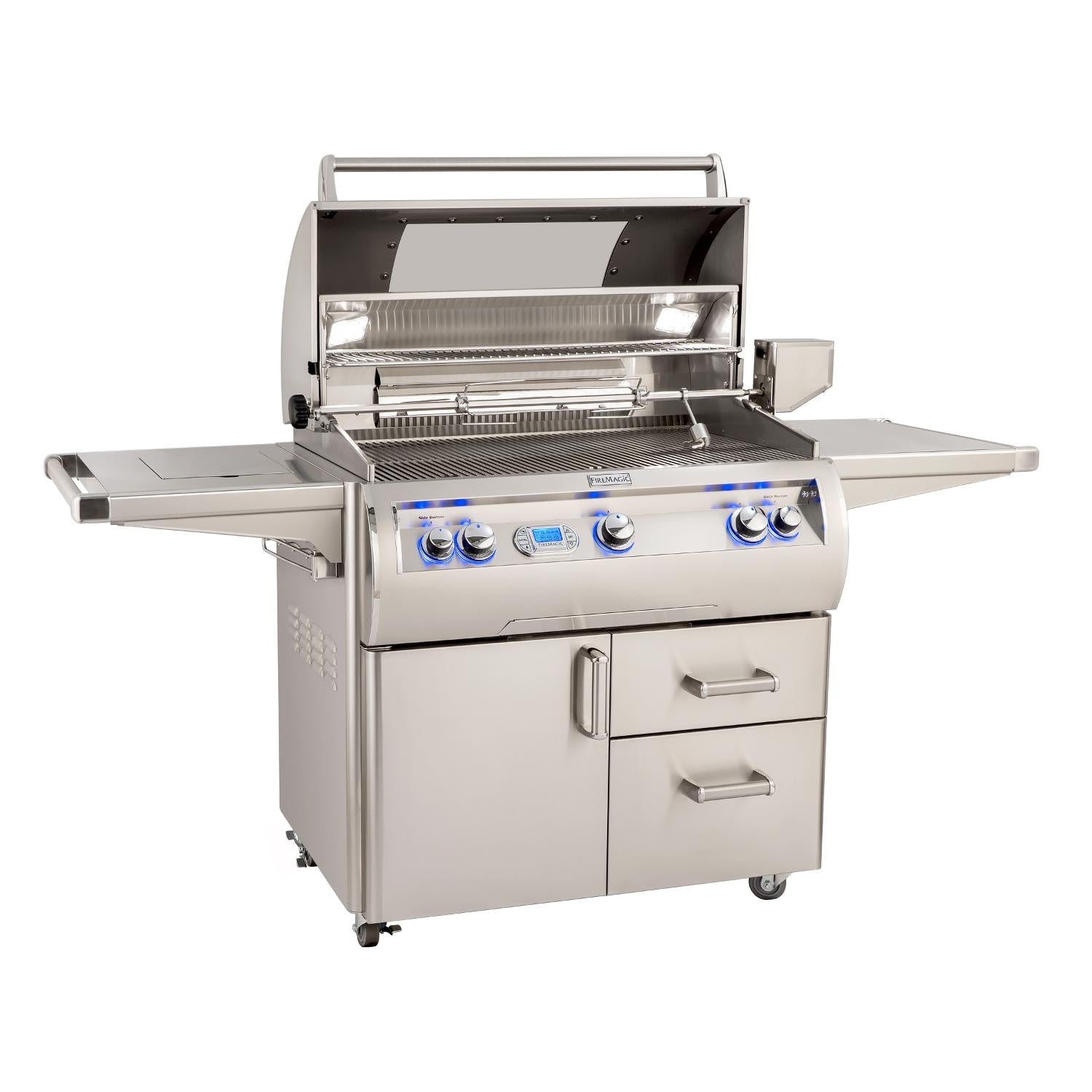 Freestanding stainless propane grill with open lid, cooking grates, and side shelves