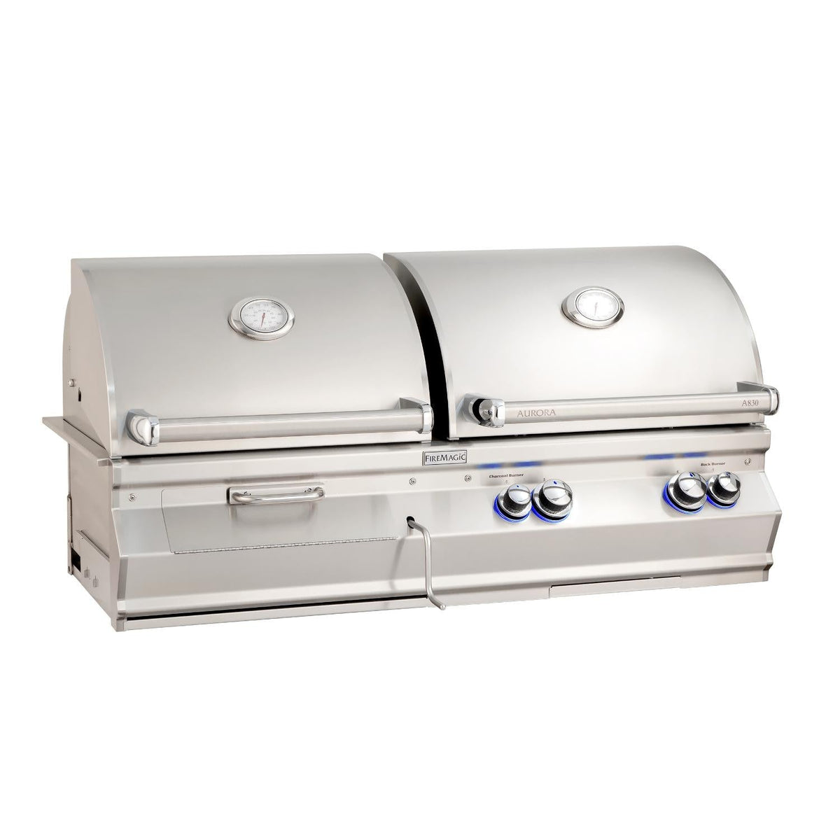 Stainless steel built-in combo grill with two lids and front control knobs