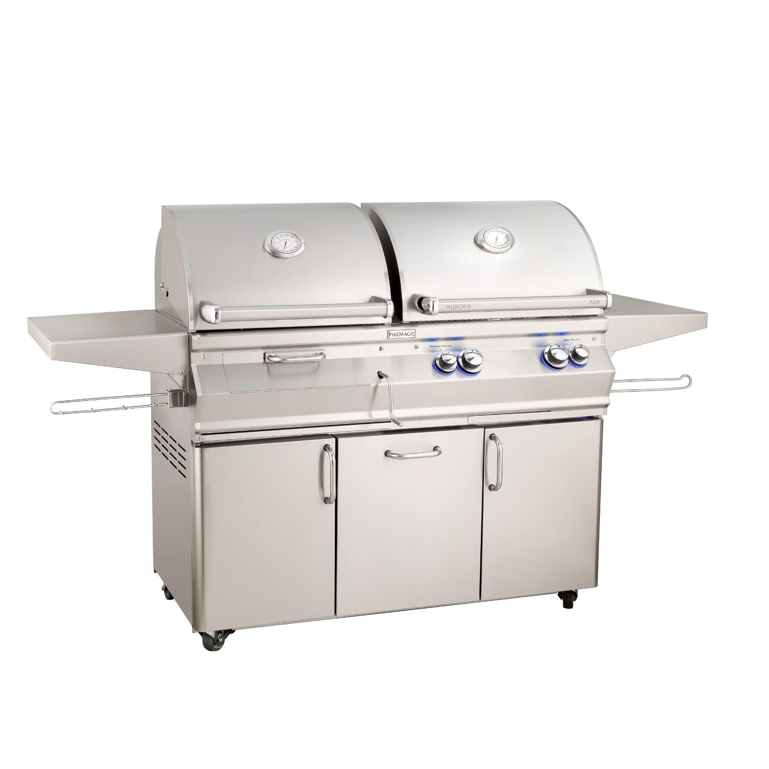 Freestanding stainless combo grill with double hood and side shelves