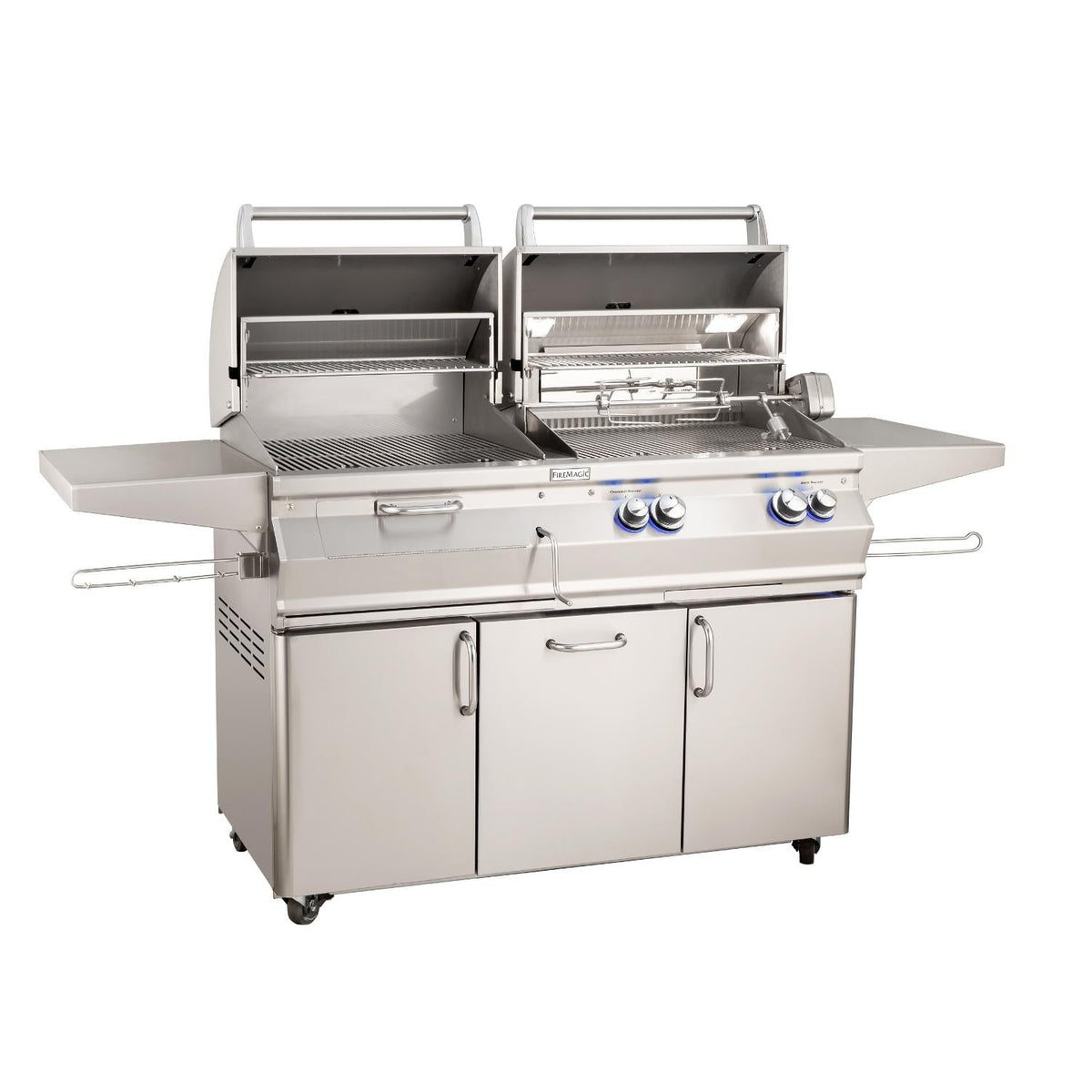 Freestanding stainless grill with both doors open showing cooking grates and interior rack
