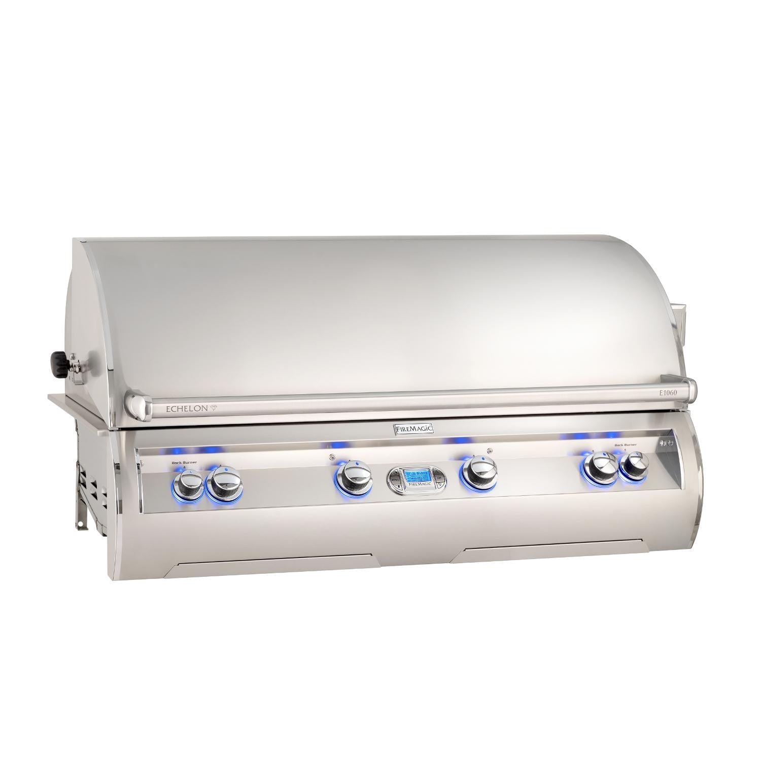 Stainless steel built-in gas grill with front control knobs and closed lid