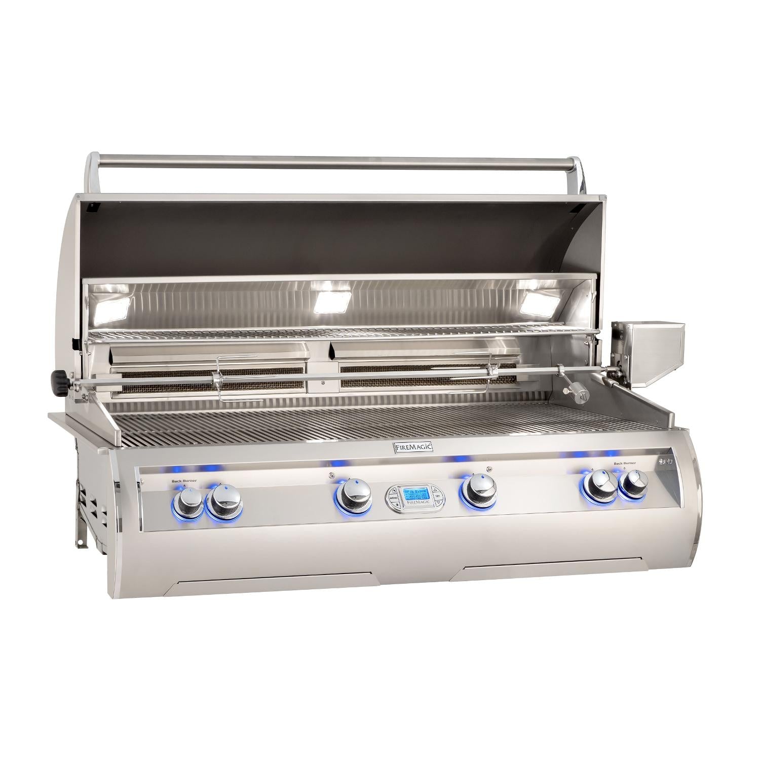Stainless steel built-in propane gas grill with open lid and burner assembly