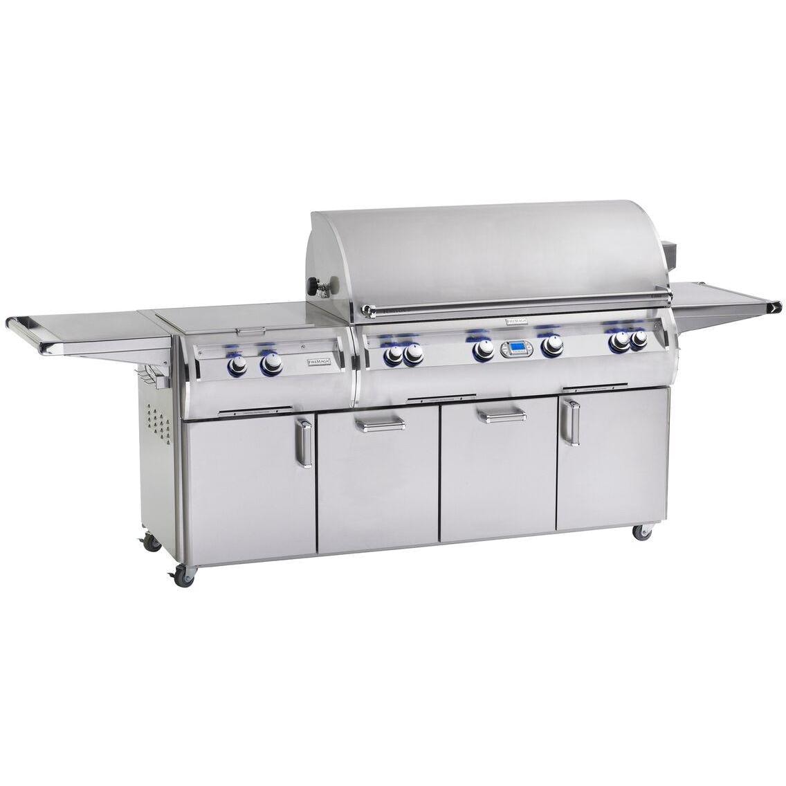 Freestanding stainless steel gas grill with closed lid, side shelves, four control knobs