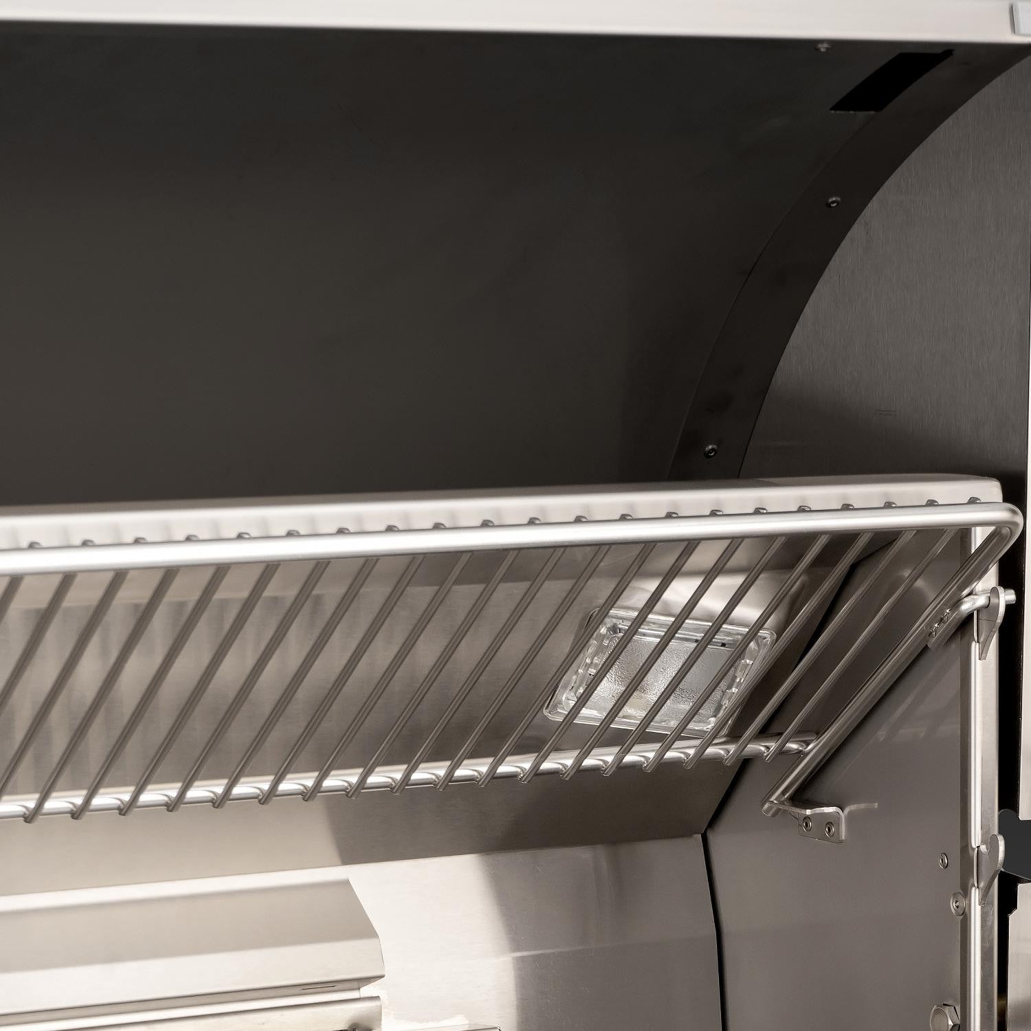 Open stainless steel grill with warming rack and hood support bar
