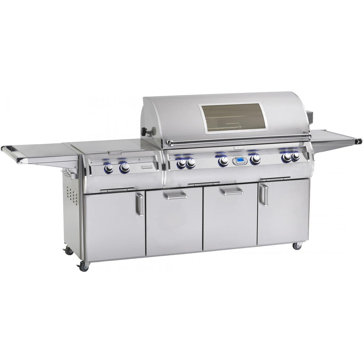 Freestanding stainless gas grill with side shelves, doors, and front control panel