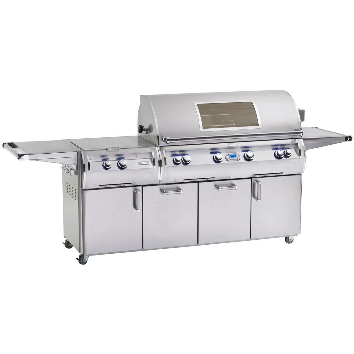 Stainless steel freestanding propane gas grill with side shelves and control knobs