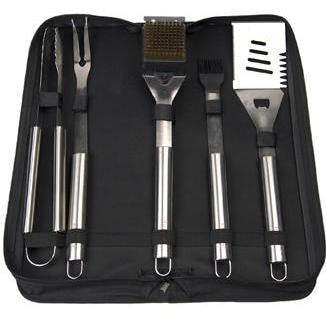 5-piece BBQ tool set with stainless utensils in black storage pouch