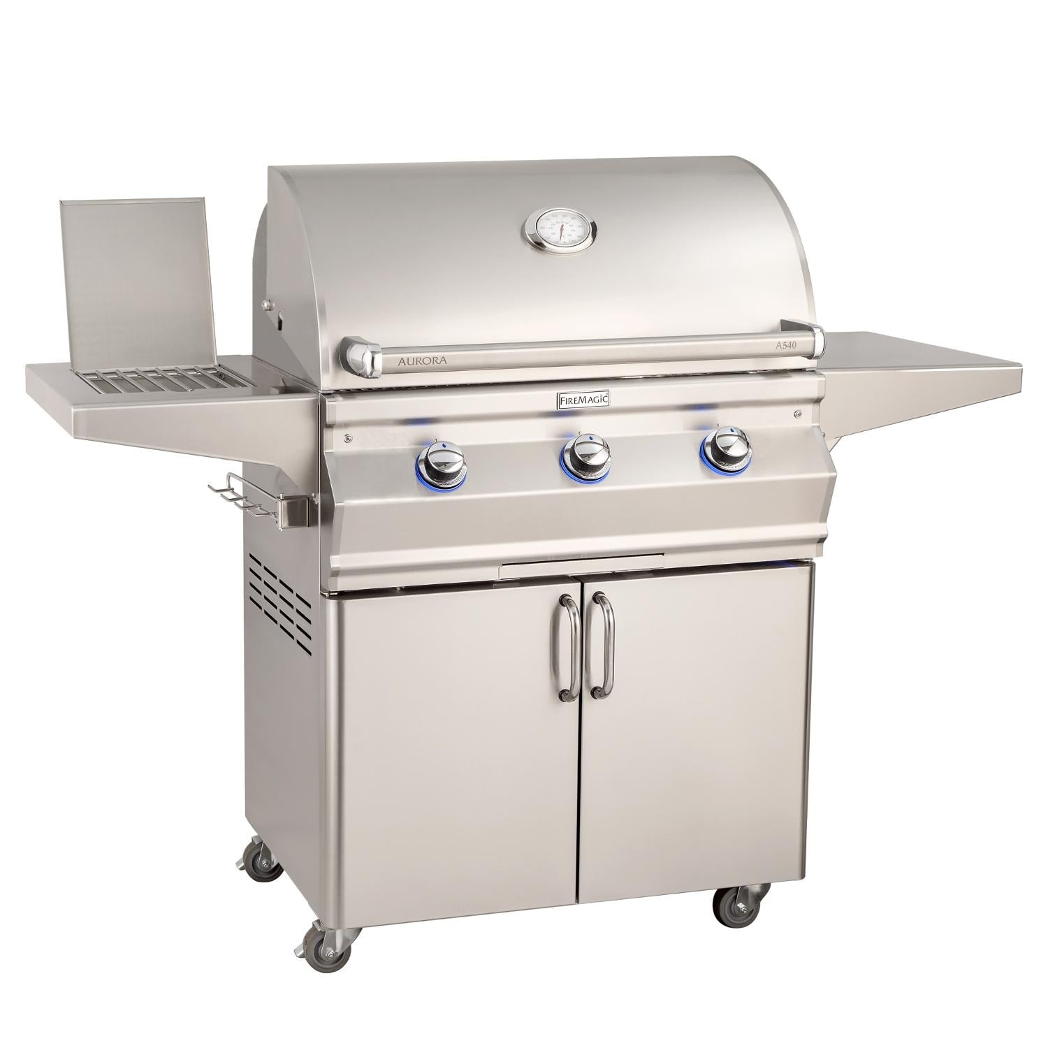 Stainless steel natural gas grill with side burner, front cabinet, and controls
