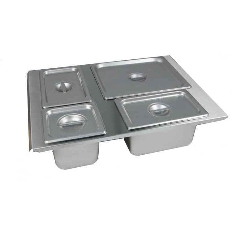 Stainless steel built-in buffet server with four recessed food warmer wells
