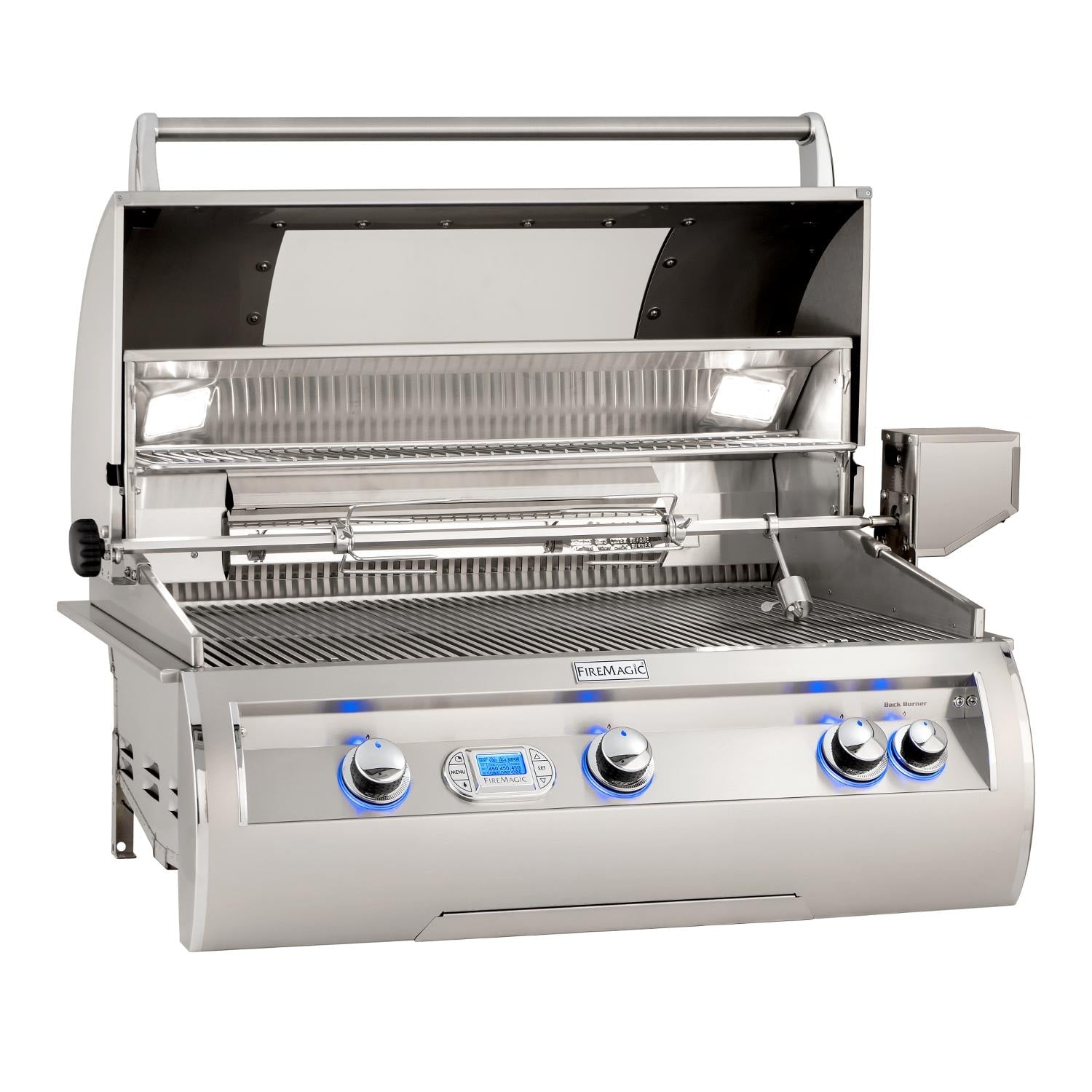 Propane gas grill with lid open, stainless burner area, and control knobs
