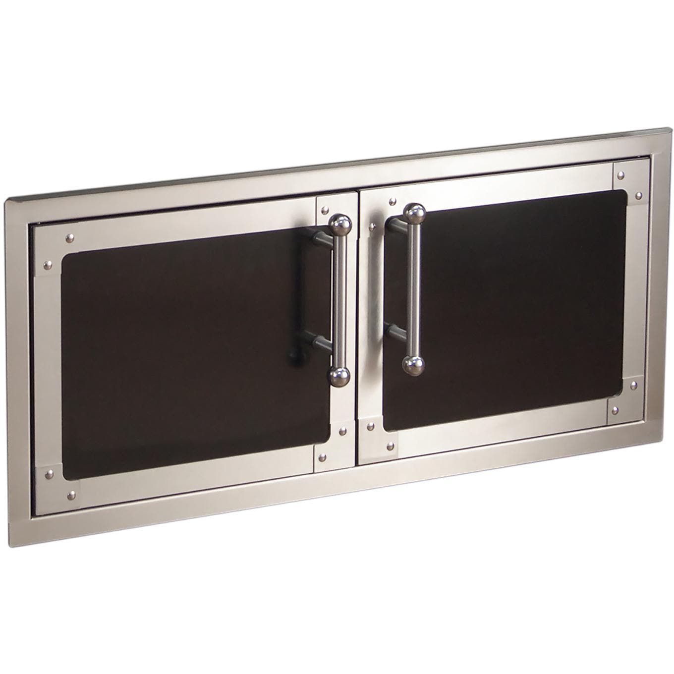 Stainless steel double access doors with two black window panels and pull handles