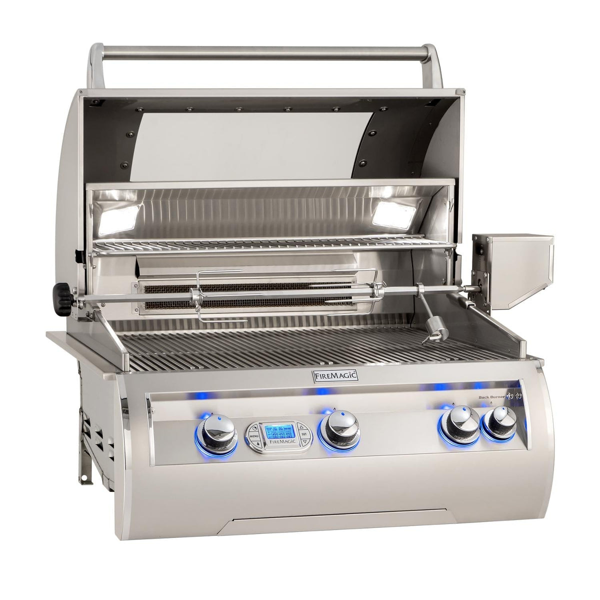 Stainless steel built-in propane grill with open hood, grates, and control area