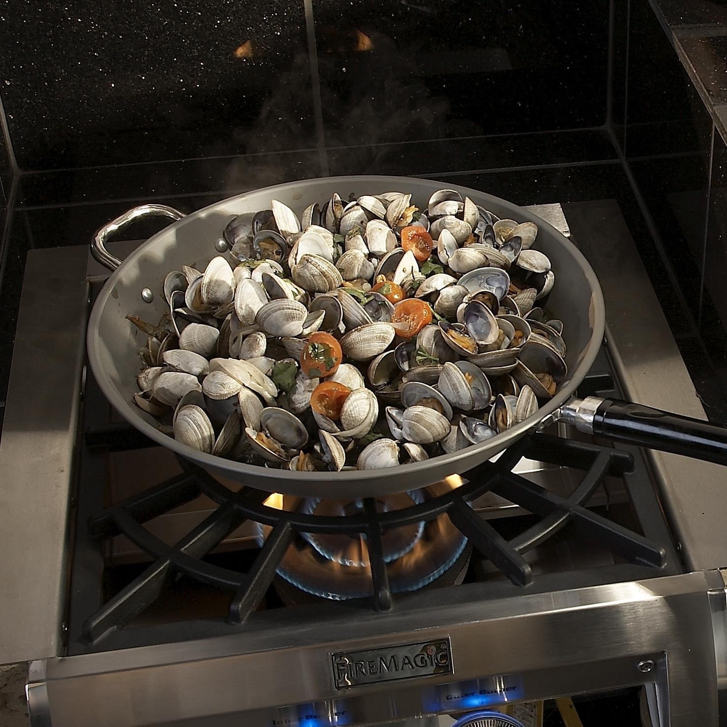Built-in propane gas burner with cast iron grid and stainless base, in-use with pan