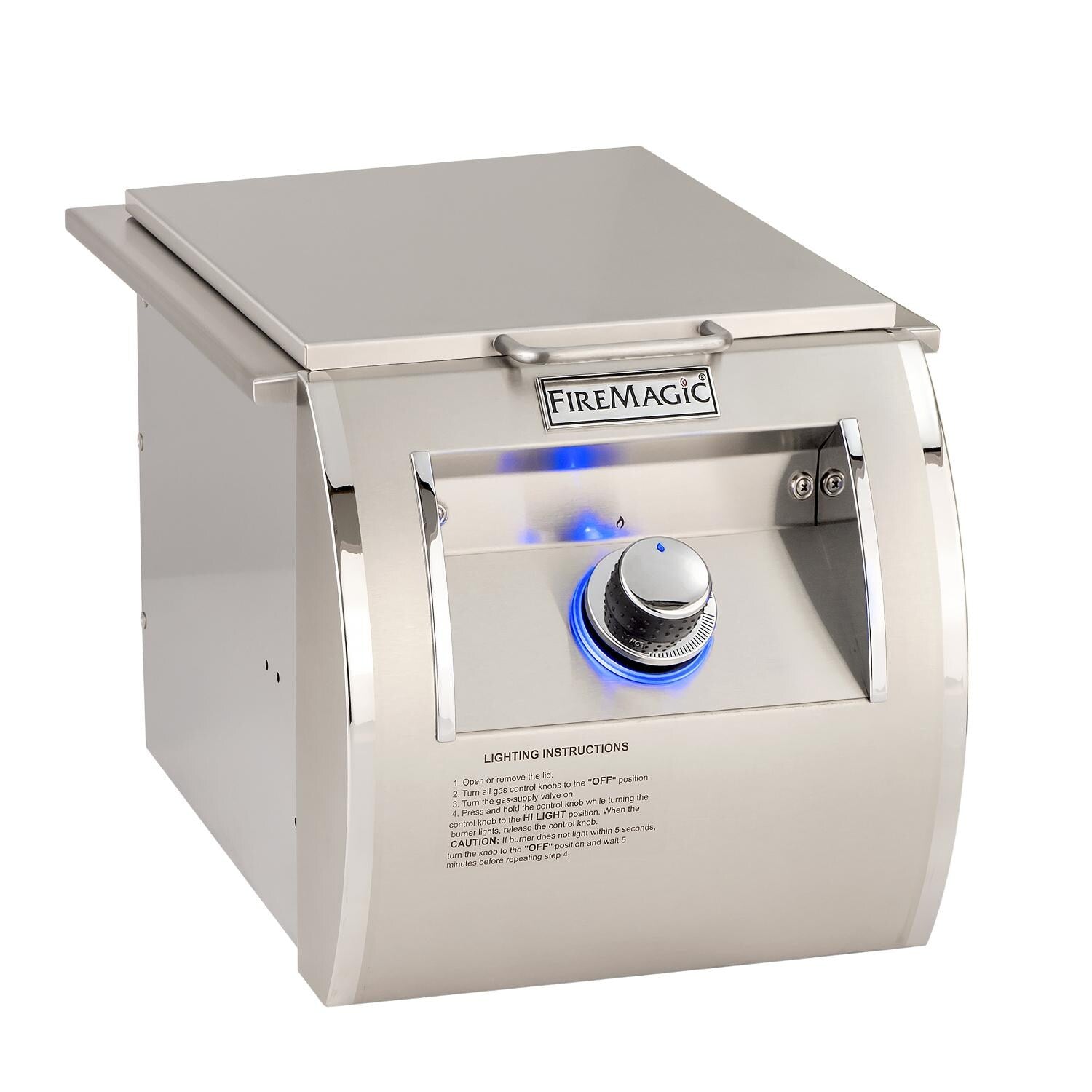 Built-in propane side burner with FireMagic label, blue flame and control knob