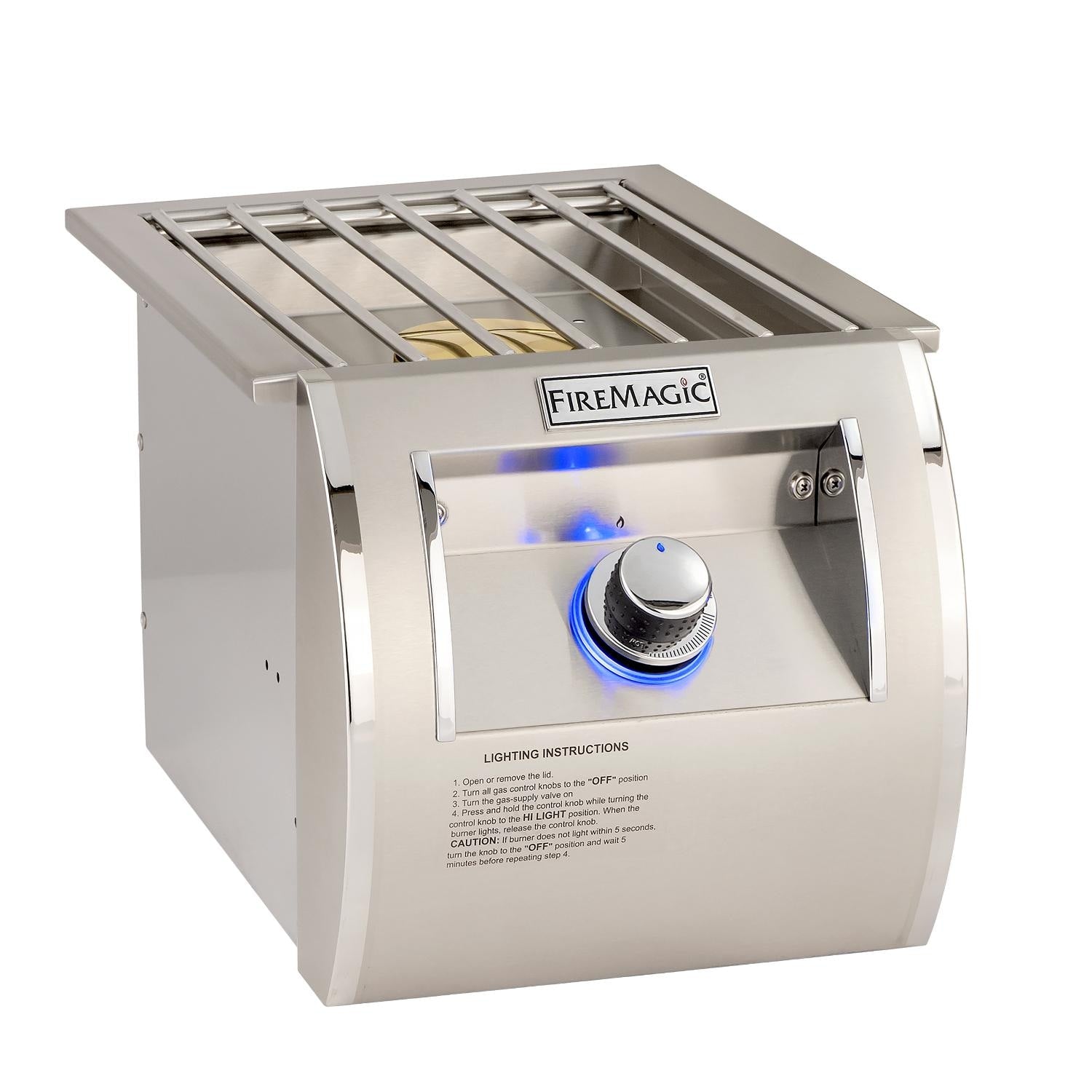 Built-in propane side burner with FireMagic label, open grate top, blue flame