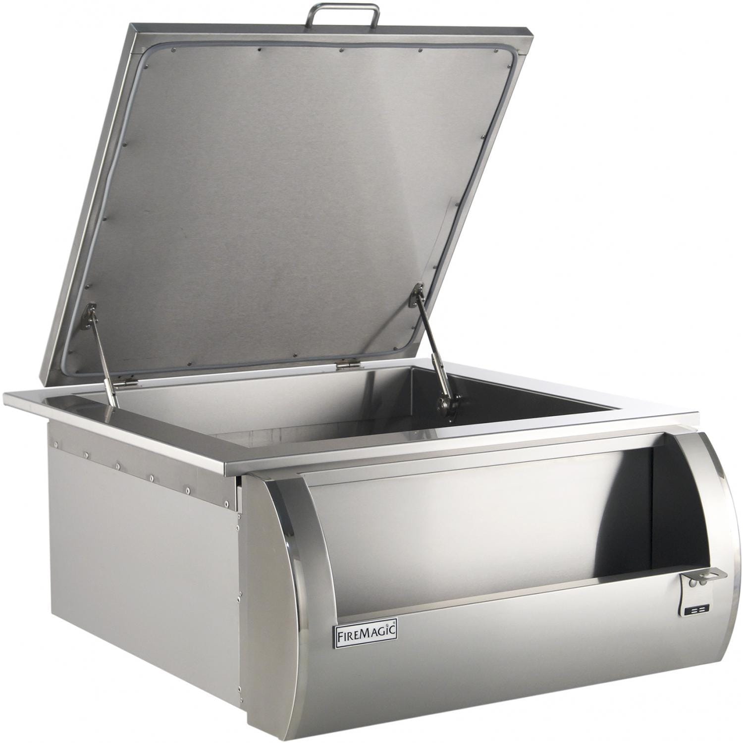 Stainless steel built-in refreshment center with open lid and interior storage area