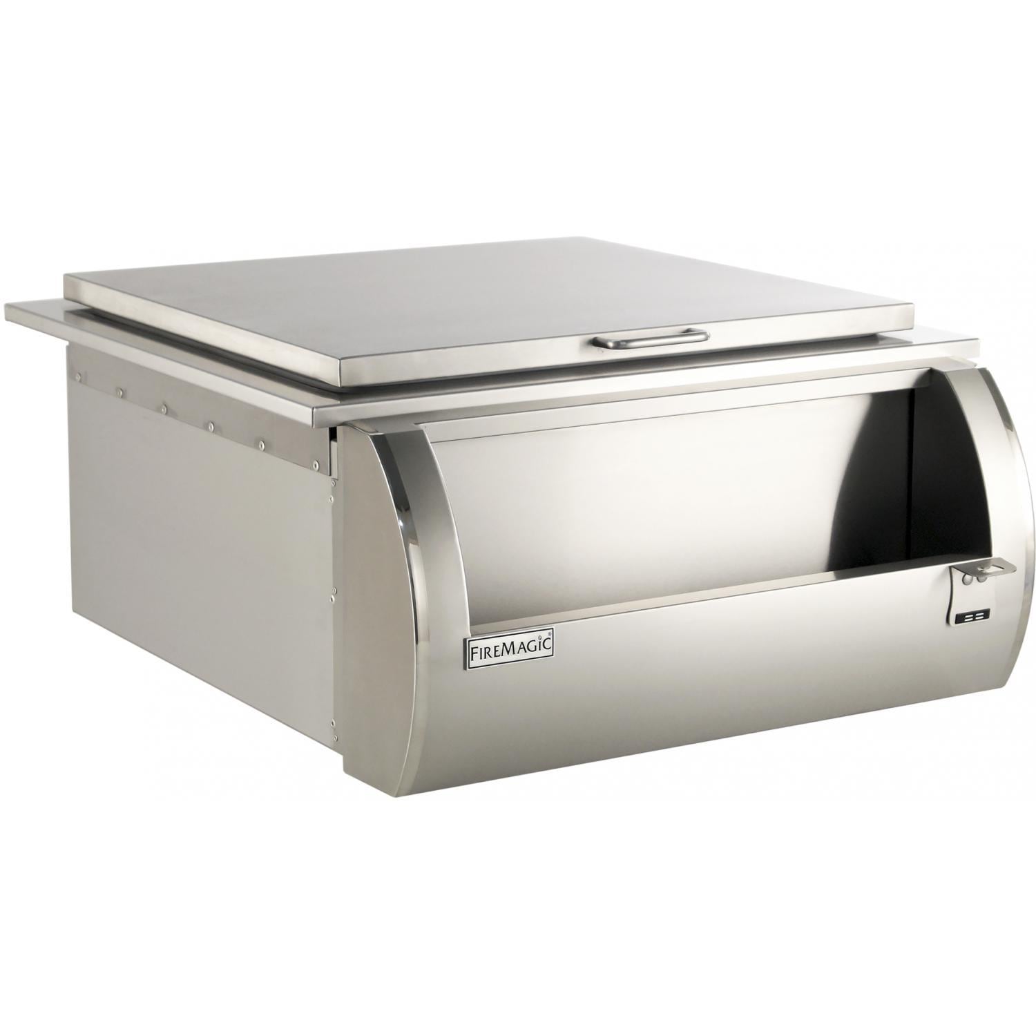 Stainless steel built-in refreshment center with front access door and top cover
