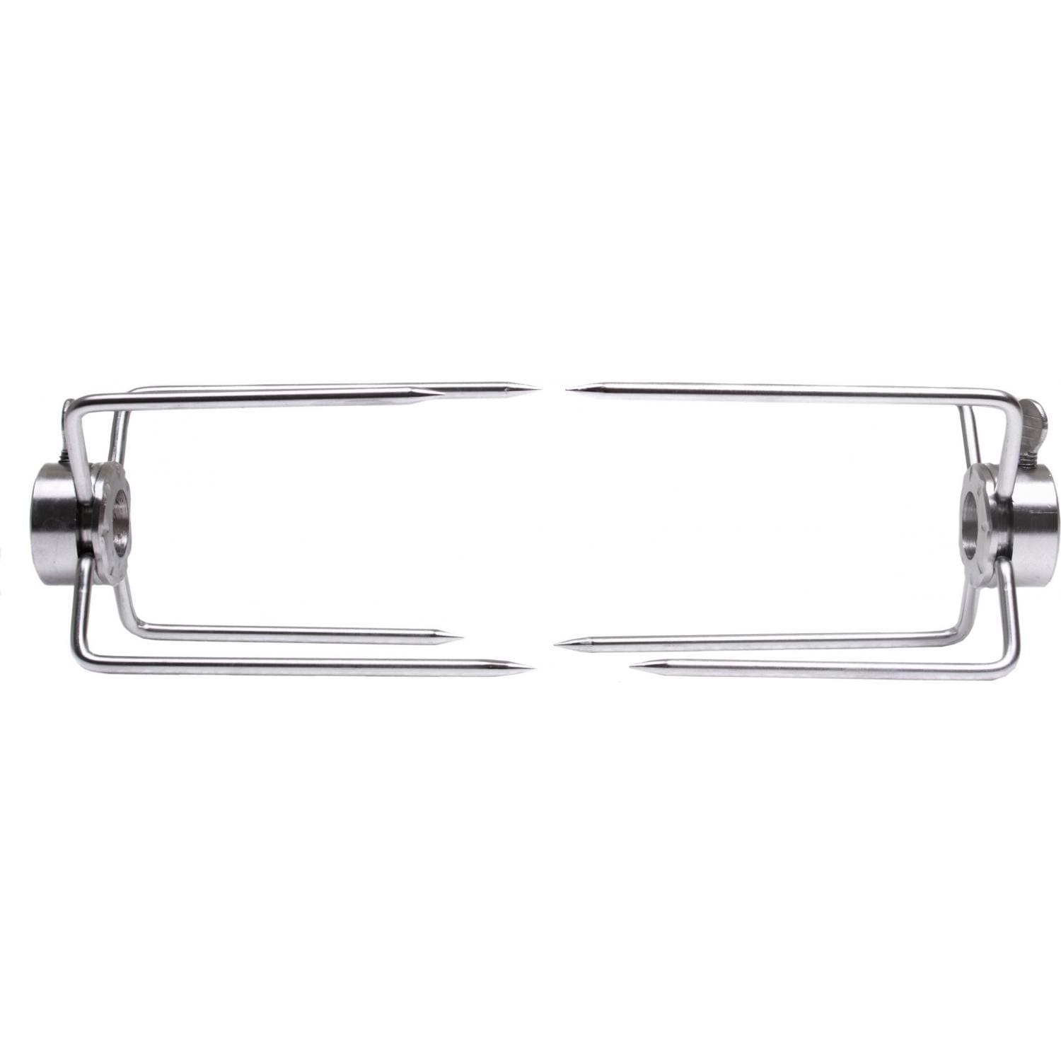 Stainless steel rotisserie meat forks with two threaded hubs and pronged arms