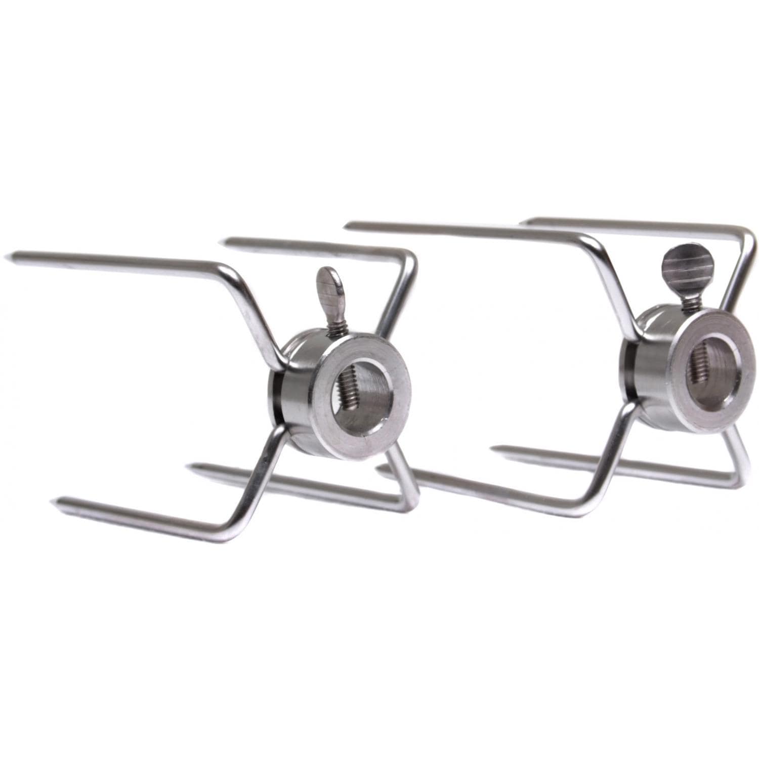Rotisserie meat fork set with two threaded circular hubs and three-prong ends