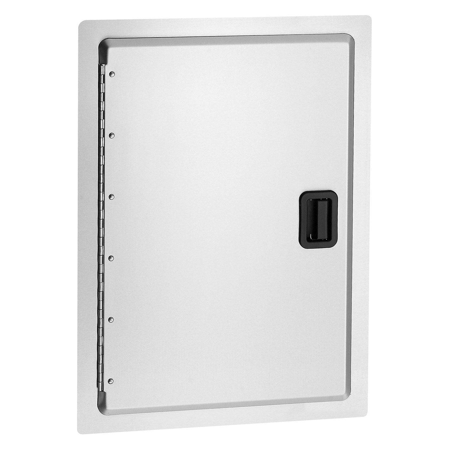 Stainless single access door, vertical rectangle with left hinges and black latch handle