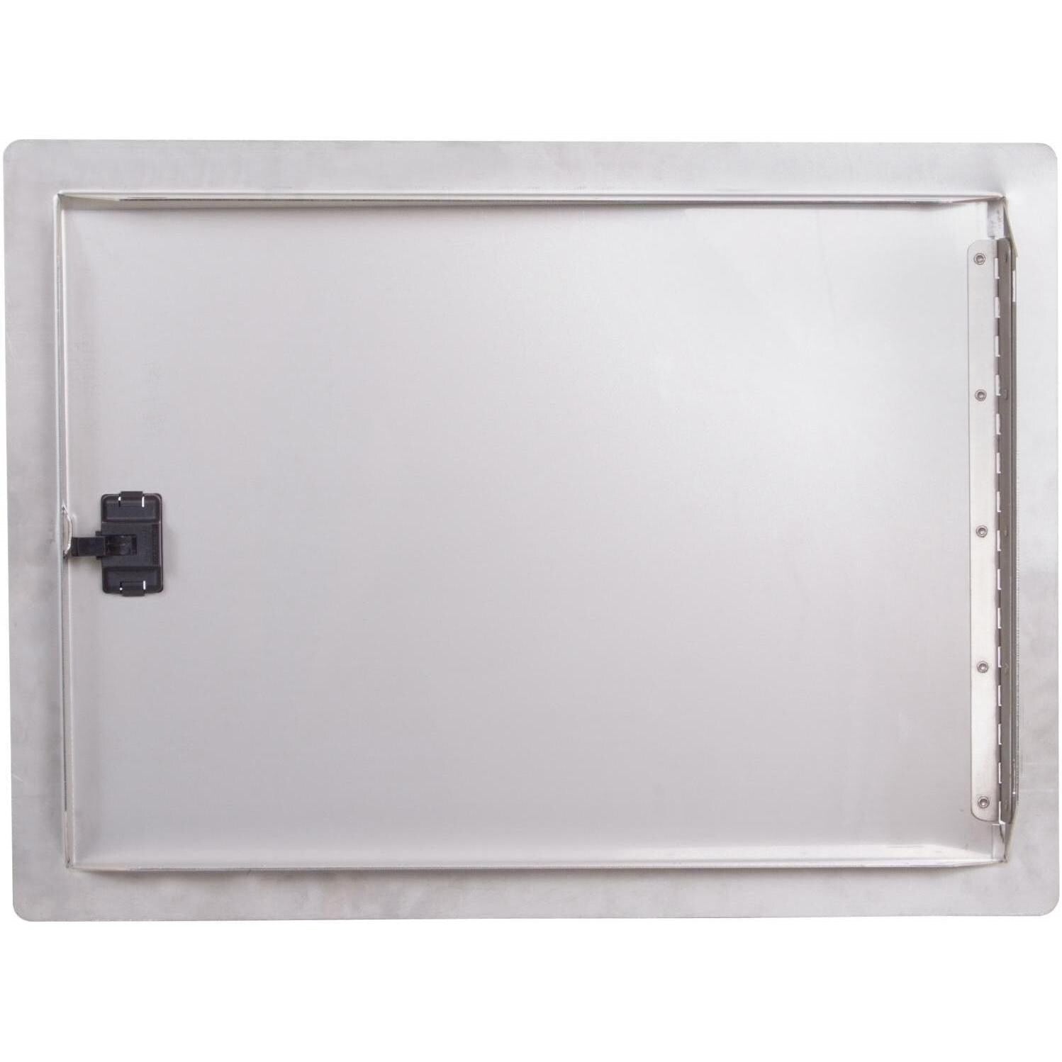 Stainless single access door underside view with black latch and hinge track
