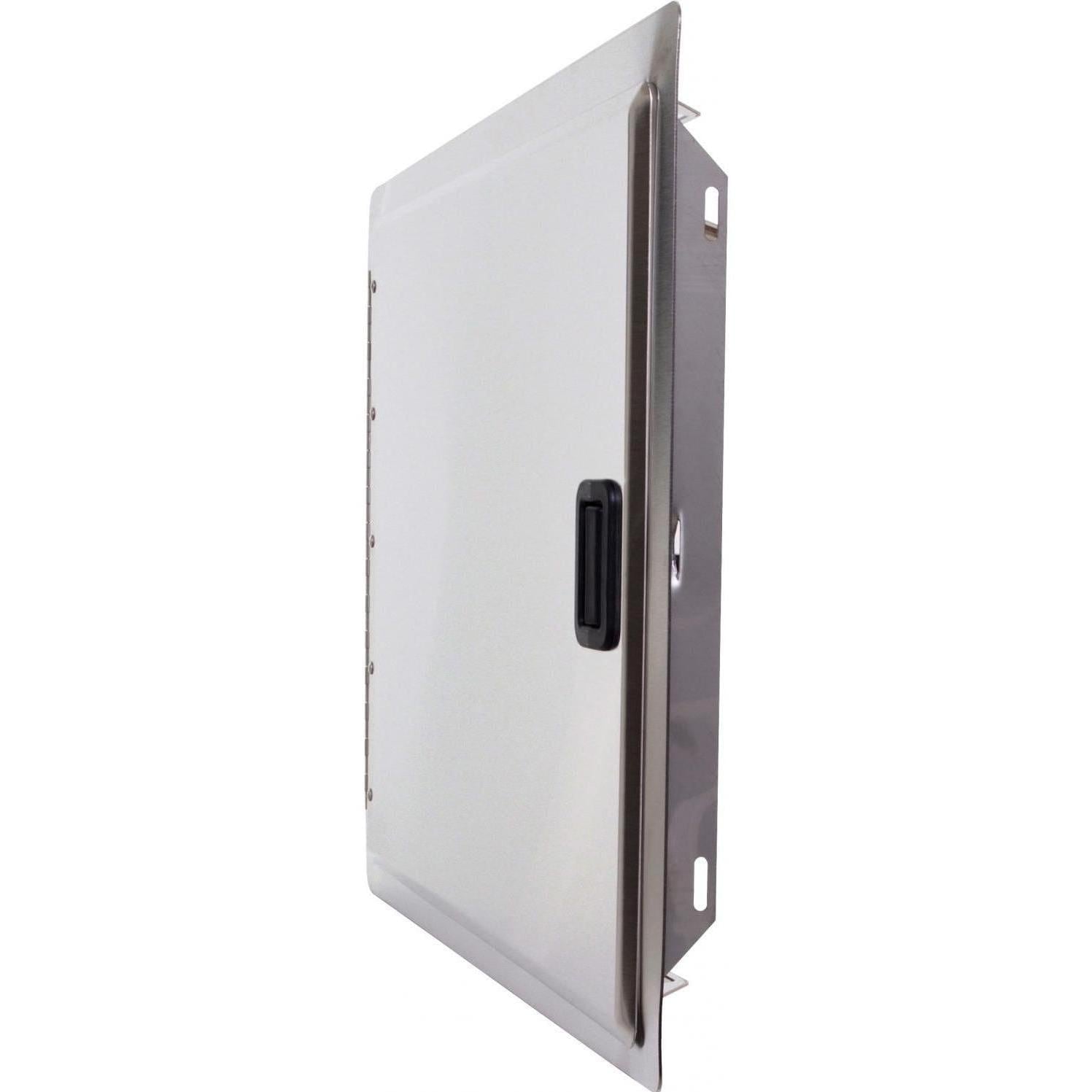 Stainless steel access door with black handle, open position, and side mounting tabs