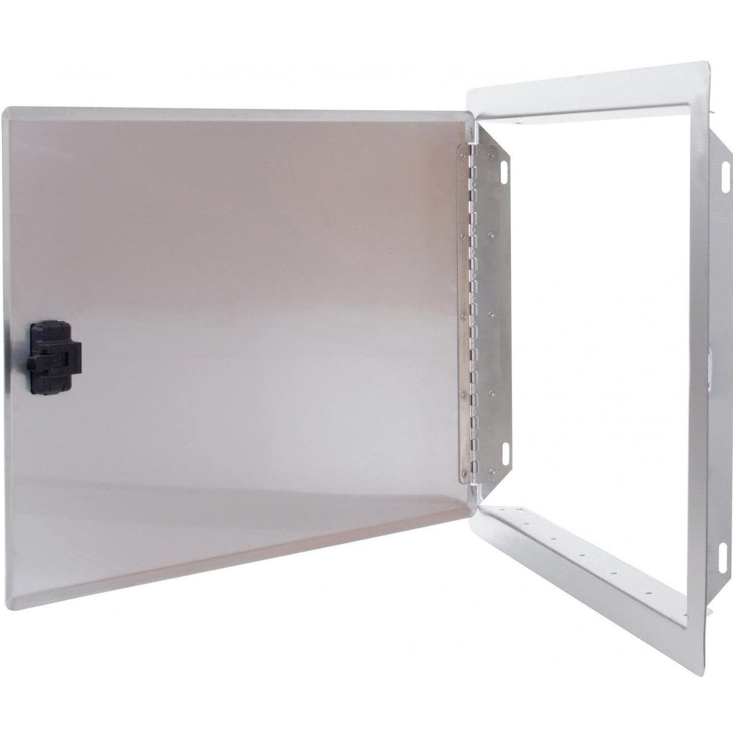 Stainless steel access door open with interior hinge rail and black latch
